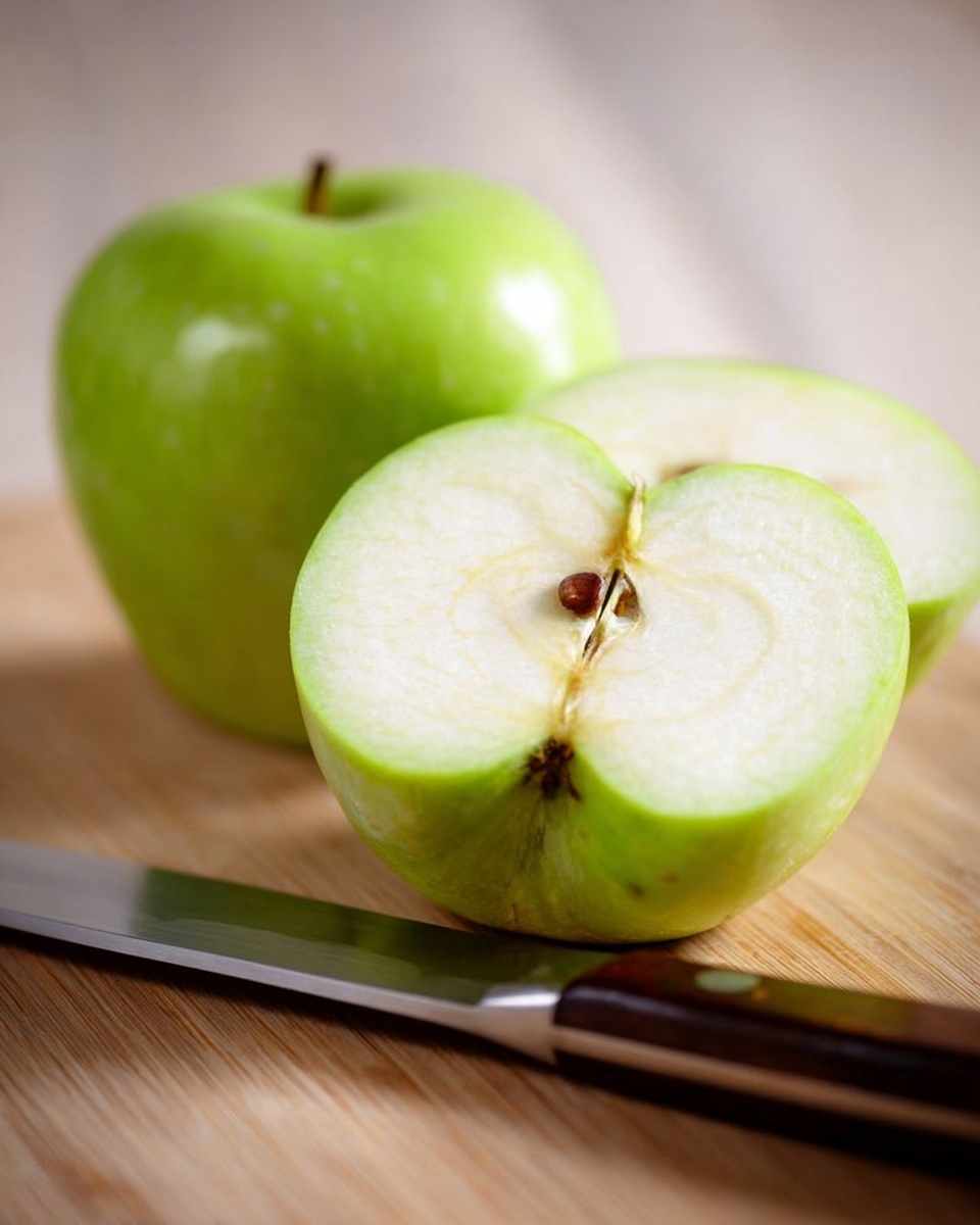 The image shows a green apple cut into two halves placed on a light wood cutting board. The apple’s skin is bright green, with a smooth texture. The inside of the apple is pale white with visible seeds in the center. The two halves are arranged side by side, with one half slightly in front of the other. Next to the apple halves, there is a small knife with a shiny silver blade and a dark wooden handle resting on the cutting board. The background has a soft focus on the wooden surface. photo taken with an iphone --ar 4:5 --v 7