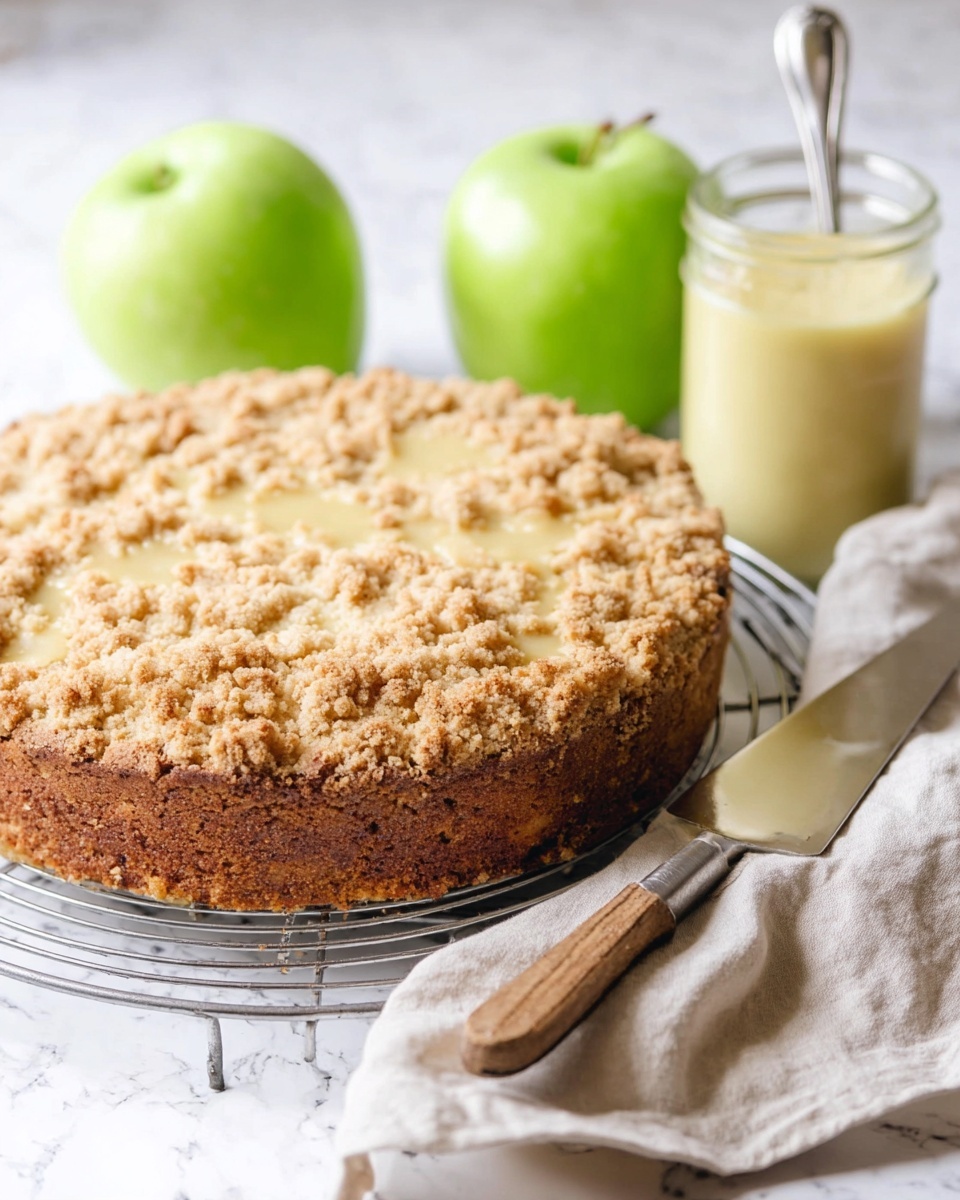A round crumble cake with one layer, light golden brown with a crumbly, coarse texture covering the top, placed on a wire rack over a white marbled surface. Behind the cake are two whole bright green apples. On the right side, there is a small clear glass jar filled with pale yellow sauce and a silver spoon inside. A silver cake server and a knife with a wooden handle rest on a light beige cloth next to the jar. Photo taken with an iphone --ar 4:5 --v 7