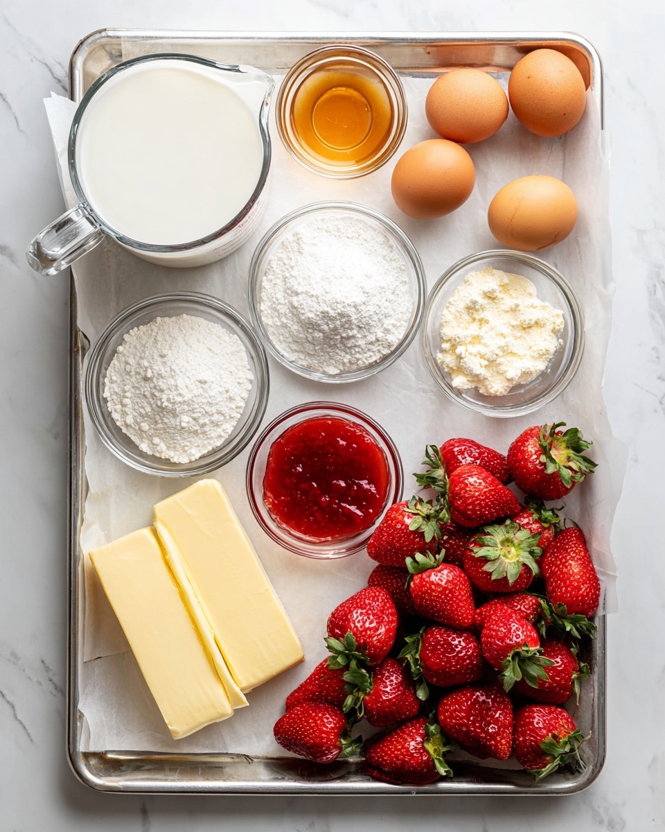 Strawberry Custard Delight Cake Recipe 4 The image shows a metal tray lined with white parchment paper on a white marbled surface. On the tray, there are several ingredients arranged neatly: a large clear glass measuring cup filled with white milk in the top left corner; next to it on the right, a small pile of golden brown eggs, six in total. In the center, three small clear glass bowls contain different powders – one with white flour, one with white powdered sugar, and one with a white, crumbly item. There is also a small bowl with amber-colored liquid and another small bowl with bright red strawberry jam. Fresh whole strawberries, vibrant red with green tops, fill the bottom and middle of the tray. At the bottom left corner, two rectangular slices of light yellow butter rest on the parchment. The overall arrangement is tidy and bright, with natural light creating soft shadows. photo taken with an iphone --ar 4:5 --v 7
