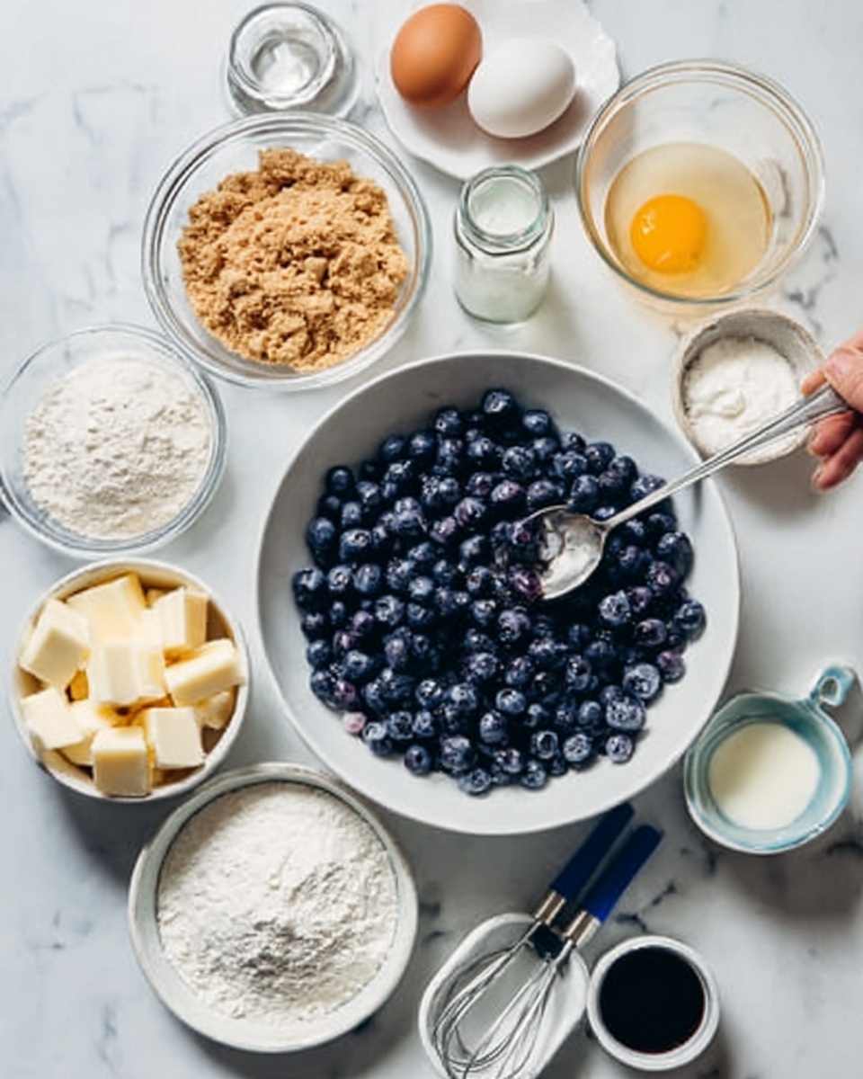 The image shows a white bowl filled with fresh, dark blue blueberries on a white marbled surface. Surrounding the bowl are several small white dishes containing baking ingredients: one with a light brown crumbly mixture, one with white flour, another with white granulated sugar, and a small bowl with softened butter cubes. There is also a glass bowl with two cracked eggs, an open small jar of milk, a small bowl of white cream, a small bowl with dark vanilla extract, and a small bowl of light oil. Measuring spoons with blue and black handles rest on a white dish. A woman's hand holds a spoon over the bowl of blueberries. The scene is bright and neatly arranged, showing all ingredients ready for baking. photo taken with an iphone --ar 4:5 --v 7