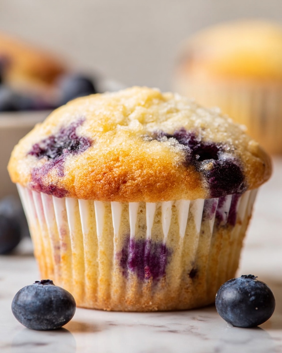 A close-up view of a single golden yellow muffin with a slightly cracked top, showing burst blueberries embedded inside. The muffin sits in a white paper liner with soft vertical ridges, catching light and showing blueberry stains near the bottom. Around the muffin are a few fresh blueberries on a white marbled surface, softly blurred in the background to keep focus on the muffin’s moist texture and spotted purple-blue blueberry areas. photo taken with an iphone --ar 4:5 --v 7