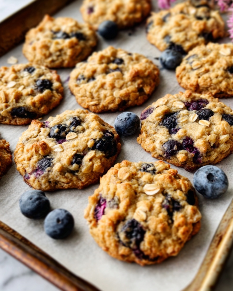 The image shows a baking tray filled with a single layer of thick, round oatmeal cookies. Each cookie has a golden-brown color with visible blueberries embedded throughout, creating dark purple spots. The top texture of the cookies is slightly bumpy and crumbly, with scattered oats adding grainy detail. Around the cookies on the parchment paper are a few loose blueberries that contrast with the warm tones. The tray is resting on a white marbled surface. photo taken with an iphone --ar 4:5 --v 7
