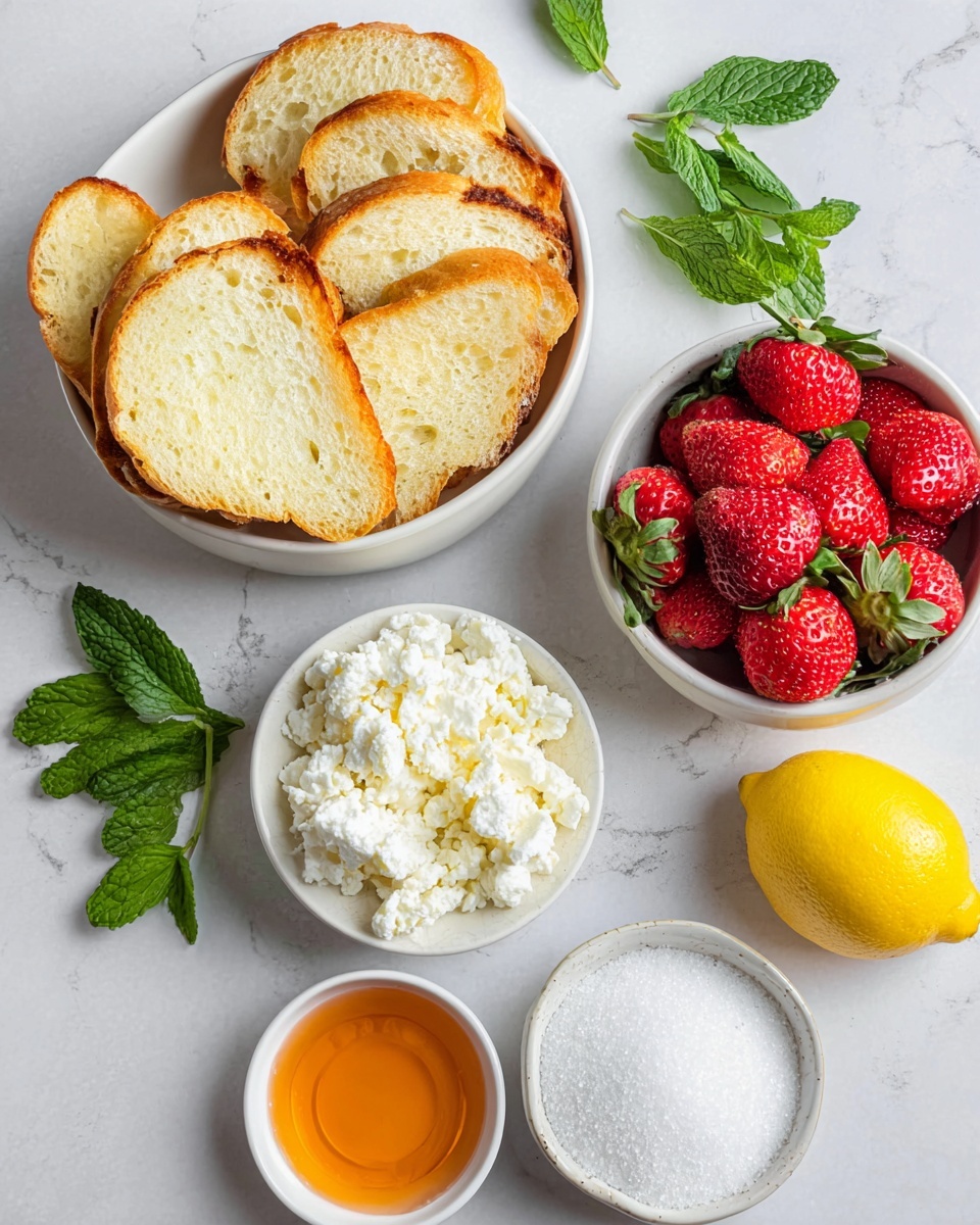 A white bowl holds about eight slices of light golden toasted bread arranged in a slight overlap, showing their soft, airy white inside and crispy crust. To the upper right, a white bowl is filled with bright red strawberries with green leafy tops, giving a fresh look. Below that, a smaller white bowl is filled with crumbly white cheese, having a soft texture. Next to it on the right, a whole bright yellow lemon rests on the white marbled surface. A small white bowl with white granulated sugar is placed near the strawberries. To the left below the bread, another small white bowl contains orange honey, glowing softly. Fresh green mint leaves spread out at the top left corner sit on the smooth white marbled surface, adding a pop of color. photo taken with an iphone --ar 4:5 --v 7