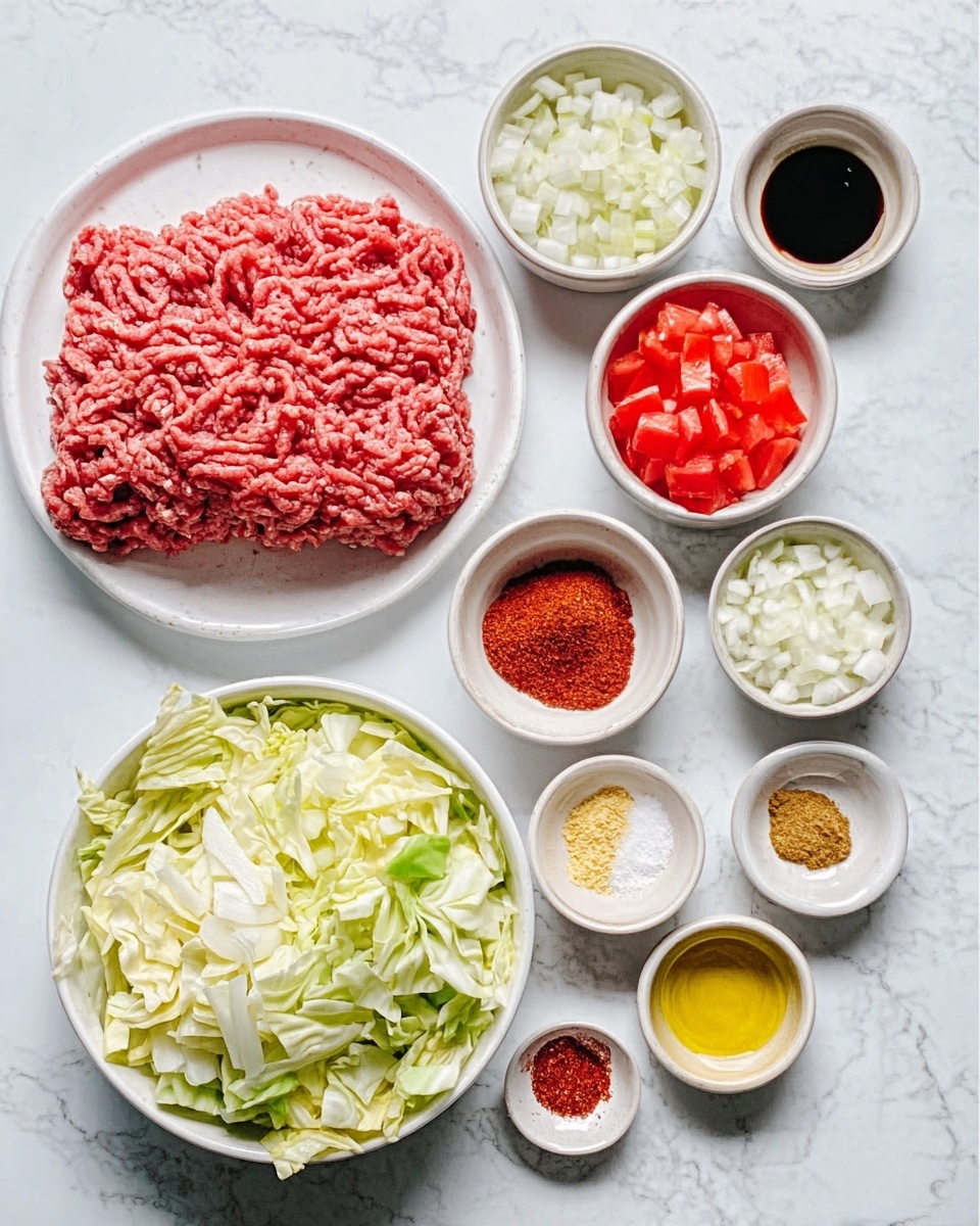 The image shows a white plate with a large mound of raw ground meat on the left side. Surrounding the plate are several small white bowls arranged in a circle on a white marbled surface. Each bowl holds different ingredients: chopped white onions, finely chopped cabbage filling a large white bowl at the bottom, bright red diced tomatoes, light yellow minced garlic, deep red chili powder, dark soy sauce, and light vegetable oil. There are also small piles of white salt, black pepper, and a pale yellow spice powder placed on the marble surface. A woman's hand is reaching from the right side holding a small white bowl with a red spice. The overall feel is organized and colorful with ingredients neatly placed. photo taken with an iphone --ar 4:5 --v 7