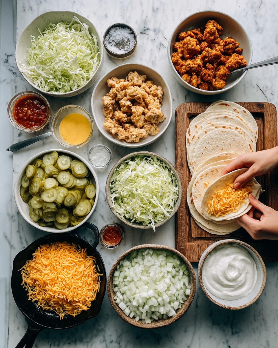 The image shows a white marbled surface with many white bowls and a stack of tortillas on wooden boards arranged neatly. There are six white bowls containing different foods: shredded green lettuce at top left, crispy golden brown fried chicken pieces next to it, shredded green lettuce again below the chicken, sliced light green pickles below the lettuce, shredded orange cheese in a black cast iron skillet at bottom left, crumbled white cheese in a bowl near the middle, chopped white onions in a bowl at the top right, and a bowl of white sour cream near the tortillas. There are also three small containers with sauces: a yellow sauce near the bottom left, a small bowl with red salsa in the middle, and a tiny bowl with salt near the top right. A woman's hand is holding some toppings over the tortillas. Photo taken with an iphone --ar 4:5 --v 7