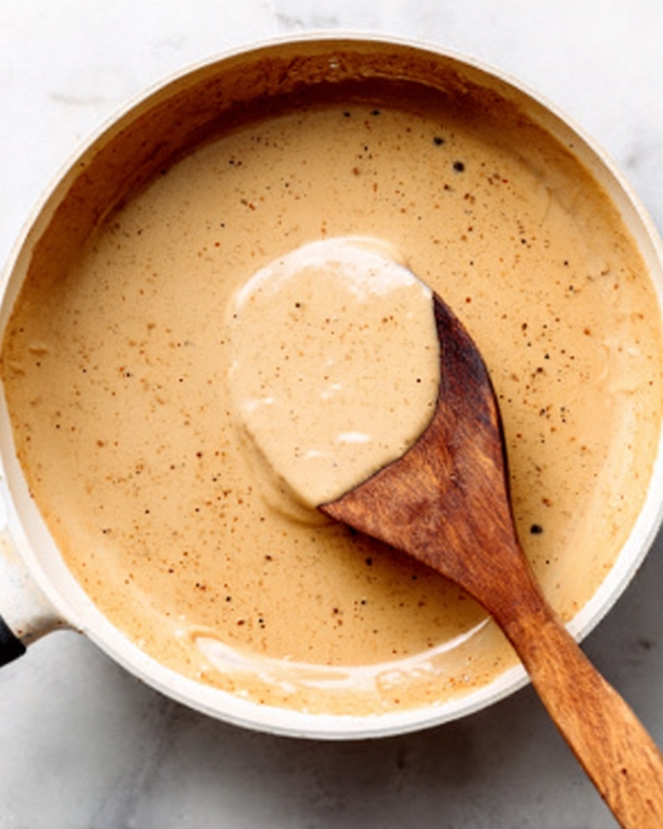 A white pan on a white marbled surface filled with a light brown creamy sauce with small spices scattered throughout. A wooden spoon with a round, flat end is lifting some of the sauce, showing its smooth, thick texture. The sauce covers the pan evenly, and the light shines softly on the creamy surface. photo taken with an iphone --ar 4:5 --v 7