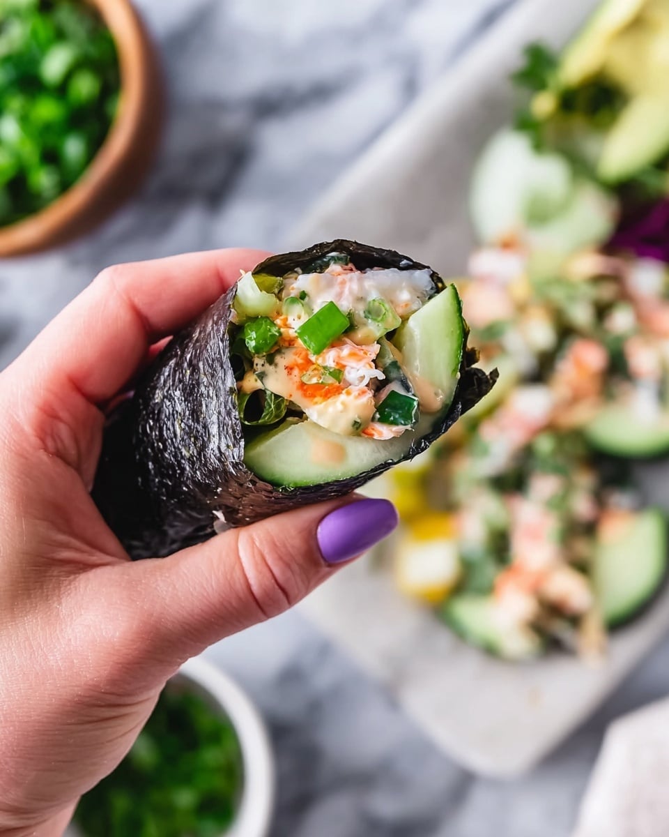 A woman's hand with purple nail polish holds a small wrap made from dark seaweed. Inside the wrap, there are layers of green cucumber slices, white and pink pieces of imitation crab, creamy light yellow sauce, and chopped green onions sprinkled on top. The background shows a bowl of green herbs and a white bowl filled with more of the wrap fillings, all placed on a white marbled surface. photo taken with an iphone --ar 4:5 --v 7