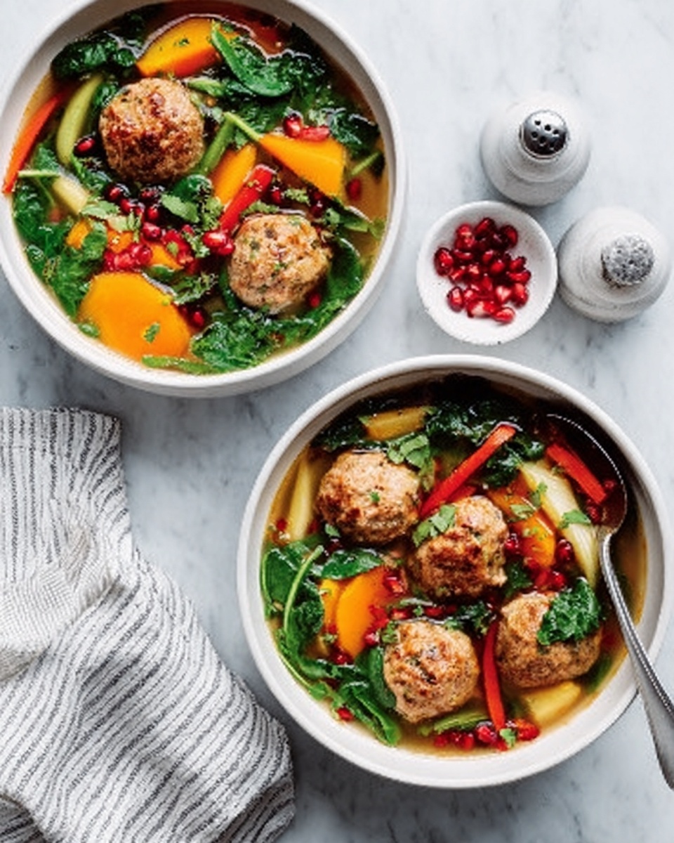 The image shows two white bowls filled with a colorful meatball soup placed on a white marbled surface. Each bowl has four brown meatballs floating on top, surrounded by bright orange carrot slices, green leafy spinach, and small red pomegranate seeds. There is a white and gray striped cloth nearby and two round salt and pepper shakers. One bowl has a silver spoon resting inside it, with a woman's hand holding the handle. The overall look is fresh and vibrant with a good mix of colors and textures. Photo taken with an iphone --ar 4:5 --v 7