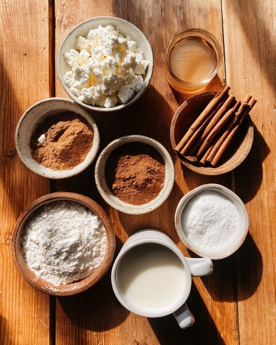 The image shows six small white bowls arranged on a wooden surface, each containing different ingredients. From the top left, there is a bowl filled with white cottage cheese, next to it a small glass with a light brown liquid, and a bowl holding whole cinnamon sticks. Below these, a bowl contains brown powdered cinnamon, beside it is a bowl filled with white sugar, and at the bottom left, there is a bowl with white flour. At the bottom right, a white cup with milk inside is placed. The wooden surface has warm light shining on it, with soft shadows visible. Photo taken with an iphone --ar 4:5 --v 7
