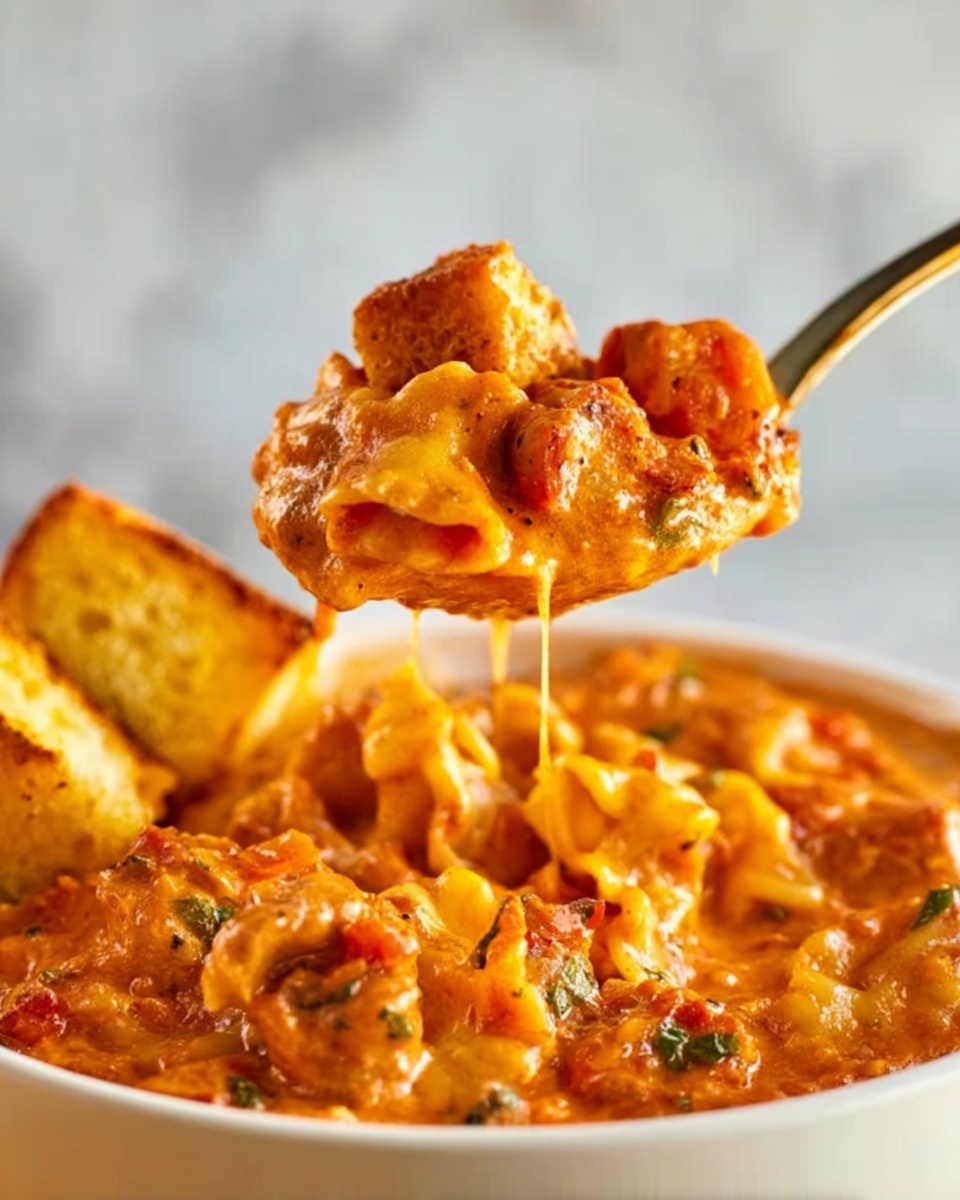 The image shows a close-up spoonful of creamy pasta with tomato sauce held above a white bowl filled with more of the same dish. The pasta has soft, wavy layers coated in a thick, orange-red sauce with visible chunks of meat and small bits of vegetables like peppers and herbs. There are a few golden brown croutons or toasted bread pieces on the side inside the bowl, adding texture contrast. The background has a white marbled surface and there is a slight warm light giving the dish an inviting look. photo taken with an iphone --ar 4:5 --v 7