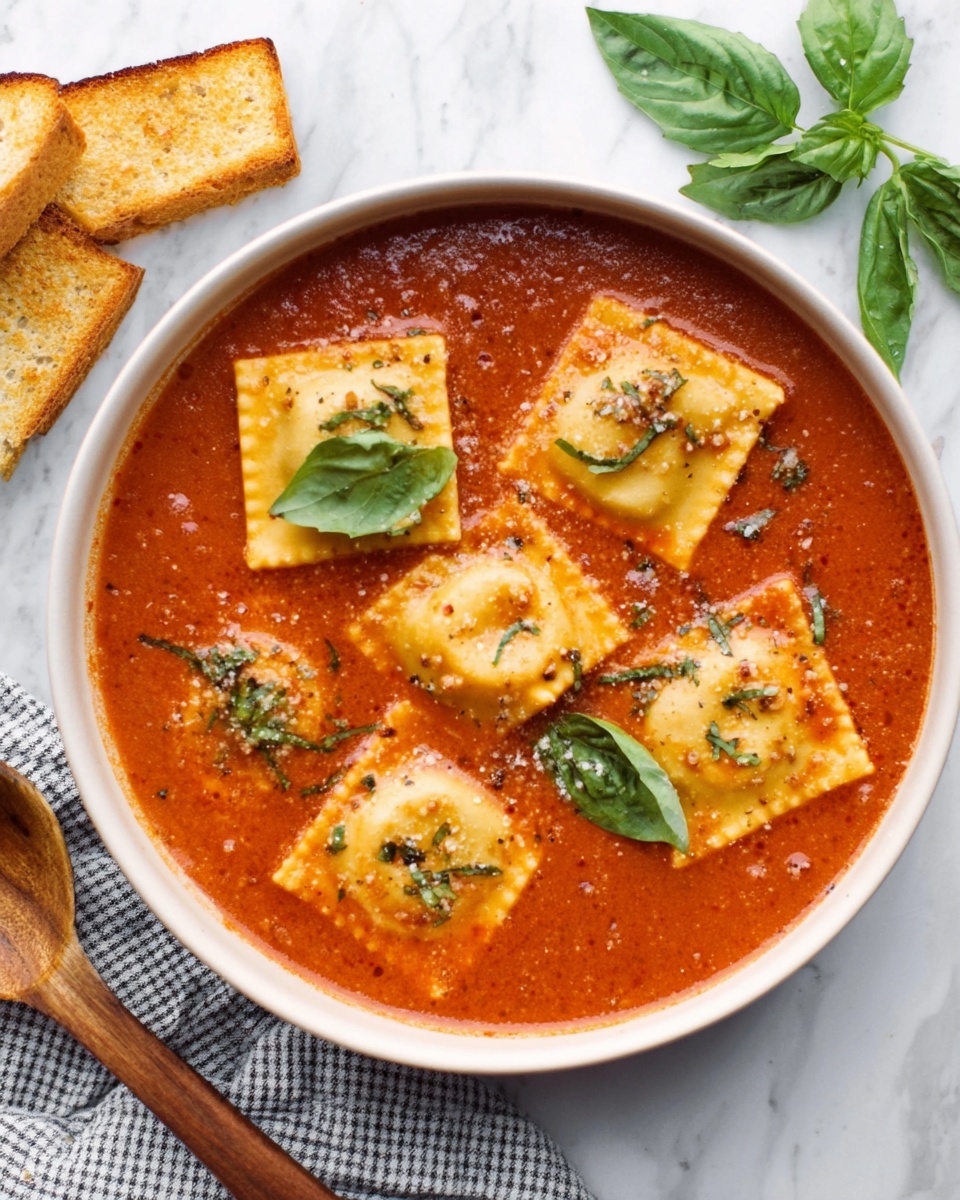 A white bowl is filled with a rich, red tomato soup that has a smooth texture and small pieces of herbs mixed in. Floating on top are large, square ravioli pieces with a light yellow pasta layer that looks soft and slightly shiny. Fresh green basil leaves rest on the ravioli, adding a pop of color. The bowl is set on a white marbled surface, with a wooden spoon and fresh basil leaves to the side, along with two slices of toasted bread. Photo taken with an iphone --ar 4:5 --v 7