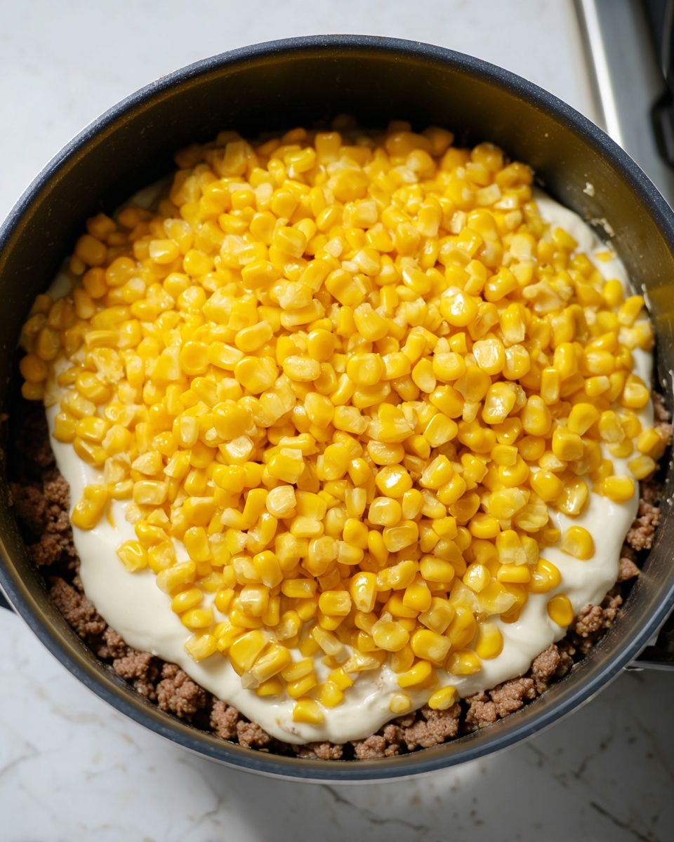 The image shows a black pot filled with three layers of food. The bottom layer is brown cooked ground meat with a coarse texture. Above this is a smooth, thick white sauce covering the meat almost completely. The top layer is a thick heap of vibrant yellow corn kernels, shiny and moist, sitting on the white sauce. The pot is on a stove, and the surface under and around the pot has a white marbled texture. Photo taken with an iphone --ar 4:5 --v 7