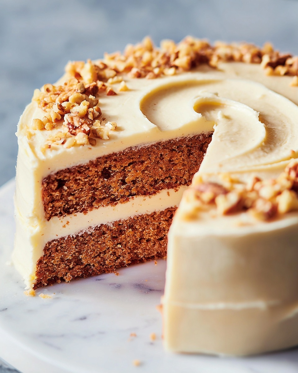 The image shows a close-up of a two-layer cake with light brown sponge layers and a thick, creamy white frosting layer in the middle. The outside is covered with the same smooth white frosting, gently swirled on the sides and top. Small chopped nuts are sprinkled on top, adding texture and color contrast with light beige and golden brown pieces. A woman's hand is holding a knife that is lifting one slice, showing the detailed texture of the soft cake and the creamy layers clearly. The setting is on a white marbled surface, giving a clean and bright look to the composition. photo taken with an iphone --ar 4:5 --v 7