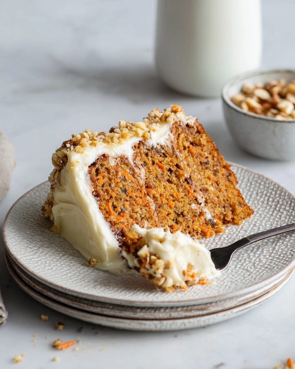 A slice of moist carrot cake with visible small orange carrot bits and chopped nuts is on a white textured plate. The cake has one thick layer topped with a creamy white frosting along the side. A fork holds a piece of the cake with frosting, resting on the plate near the bottom right of the slice. Crumbled nuts are scattered on the frosting and plate edges. The scene sits on a white marbled surface with part of a white bowl filled with nuts visible in the bottom right corner and a white bottle in the background. photo taken with an iphone --ar 4:5 --v 7