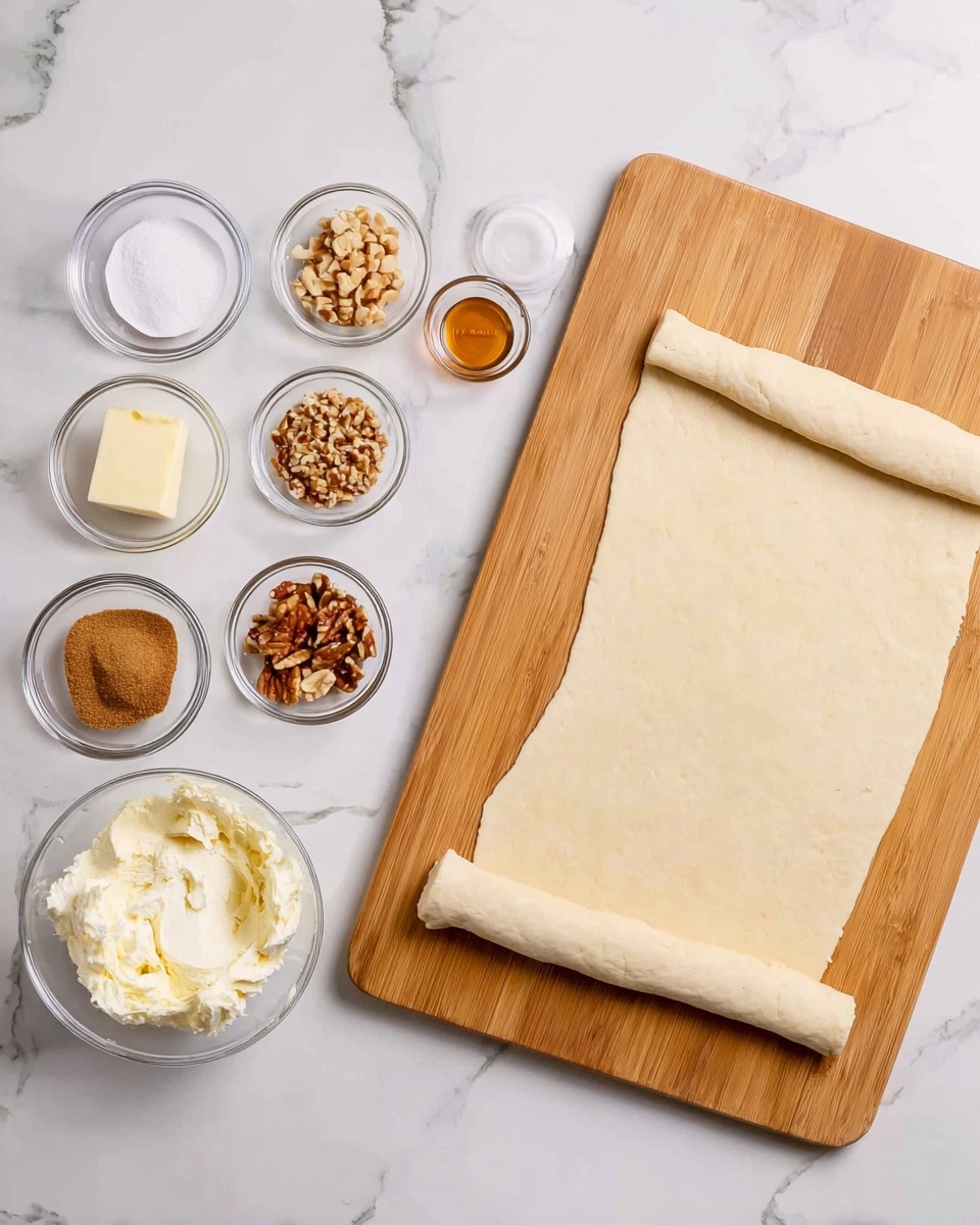 The image shows a white marbled surface with a light brown wooden cutting board placed on the right side. On the board is a rolled-out dough rectangle with one short edge slightly rolled inward. Around the cutting board, there are small clear glass bowls arranged neatly in a semi-circle on the left side, each containing different ingredients: white powdered sugar, a stick of butter, a small portion of brown sugar, chopped nuts, a small amount of vanilla extract, cinnamon, a dollop of cream cheese, mashed bananas, and melted butter. The setup looks clean and organized, ready for baking preparation. Photo taken with an iphone --ar 4:5 --v 7
