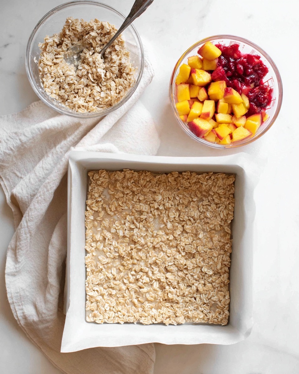 The image shows a white square baking pan lined with parchment paper, filled with a pressed layer of light beige oat mixture with a rough texture. To the top left, there is a clear glass bowl containing more of the same oat mixture, with a metal fork sticking out. To the top right, a clear glass measuring cup holds diced peach and red fruit combining yellow and deep red colors, showing a contrast in textures and colors. The baking pan rests on a soft white cloth, and all items are placed on a white marbled surface. photo taken with an iphone --ar 4:5 --v 7
