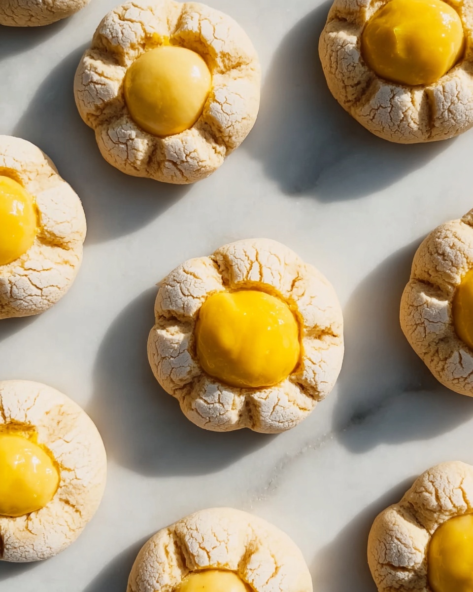 The image shows several round cookies arranged on a white marbled surface. Each cookie has two layers: the base layer is a light beige cracked dough that forms a round shape with petal-like cracks around the edges. On top of this base is a smaller, smooth, dome-shaped dollop of pale yellow cream. The top layer consists of a vibrant, thick, bright yellow topping placed in the center of the cream dome. The cookies are evenly spaced, casting soft shadows on the white marbled background. photo taken with an iphone --ar 4:5 --v 7