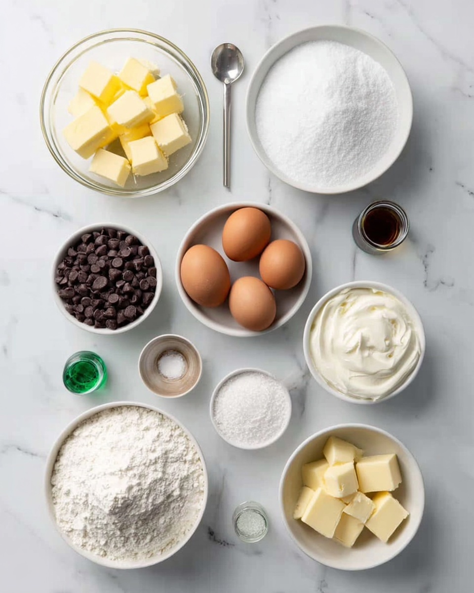 A top-down view of a white marbled surface with multiple white bowls and a glass bowl arranged neatly. The glass bowl on the left holds yellow cubed butter. Next to it are four brown eggs placed close together. Above the eggs, there is a medium white bowl filled with white granulated sugar, and to its right, a smaller white bowl with thick cream. To the right side, a large white bowl holds white powdered sugar. In the bottom center, there is a white bowl filled with white flour. Around these bowls are small white bowls with salt and baking powder, two small bottles of vanilla extract—one green and one brown—and a small white bowl holding light yellow butter cubes. A silver spoon is placed near the top left bowl of chocolate chips. Each item's texture and color stand out clearly against the clean white marbled background photo taken with an iphone --ar 4:5 --v 7