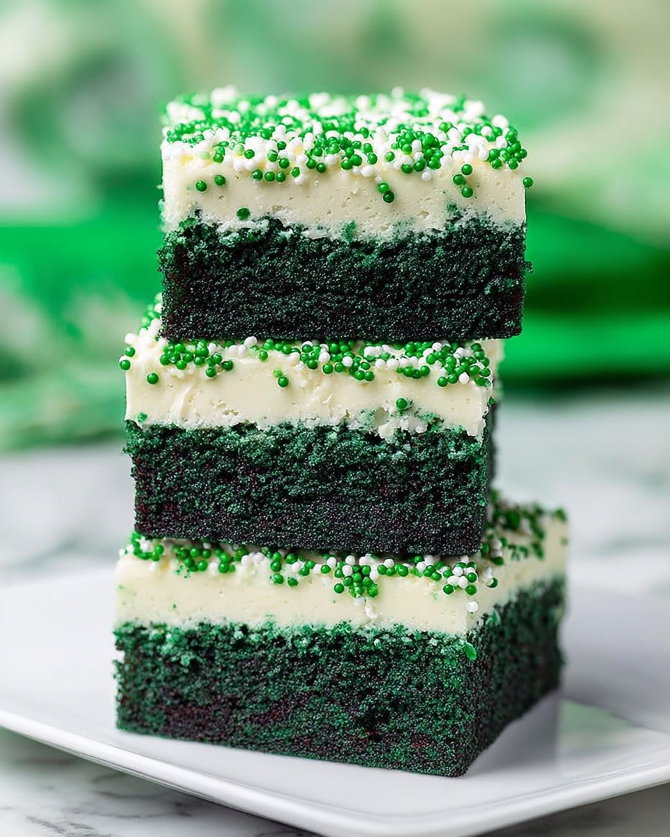 The image shows three square pieces of dark green cake stacked vertically on a white plate. Each piece has two layers: a thick dark green base layer with a dense texture and a thinner creamy white frosting layer on top. The frosting has small green round sprinkles scattered all over it. The stack is set on a white marbled surface with a soft focused green background. Photo taken with an iphone --ar 4:5 --v 7