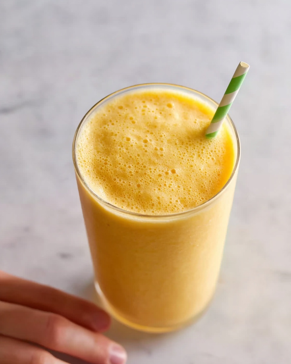 A close-up view of a tall clear glass filled with a thick, frothy orange-yellow smoothie that has a bubbly texture on top. A green and white striped straw is placed on the right side of the glass. The glass sits on a white marbled surface, and part of a woman's hand is gently touching the glass from the right edge of the frame. Photo taken with an iphone --ar 4:5 --v 7