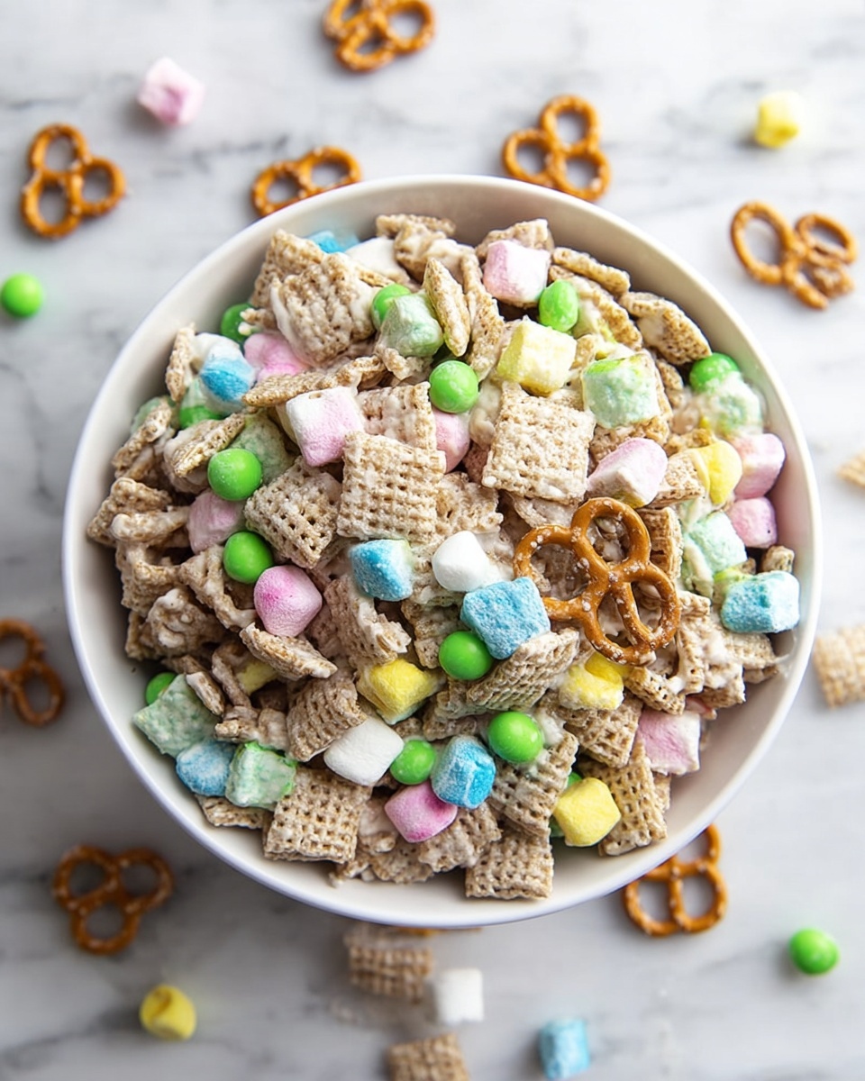 A white bowl is full of a colorful snack mix placed on a white marbled surface. The mix has several layers including square-shaped light brown cereal pieces, small round bright green candy balls scattered throughout, twisted brown pretzels, and pastel-colored marshmallow shapes in pink, blue, yellow, and green pieces. The snacks are coated in a light, creamy-looking white layer that binds them together. Some pieces of the mix are also scattered outside the bowl on the surface. photo taken with an iphone --ar 4:5 --v 7