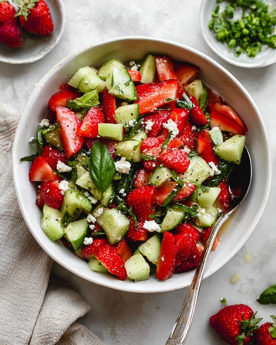 A white bowl holds a fresh salad with two main layers: the first layer consists of bright red, sliced strawberries with a shiny, moist texture; mixed with crisp, juicy green cucumber pieces cut into thick rounds; scattered throughout are small chunks of white feta cheese adding a crumbly texture. Thin strips of dark green basil leaves are spread evenly over the top, adding color contrast. A silver spoon rests on one side inside the bowl, and the bowl is set on a white marbled surface with small dishes of chopped basil and whole strawberries visible nearby. Photo taken with an iphone --ar 4:5 --v 7