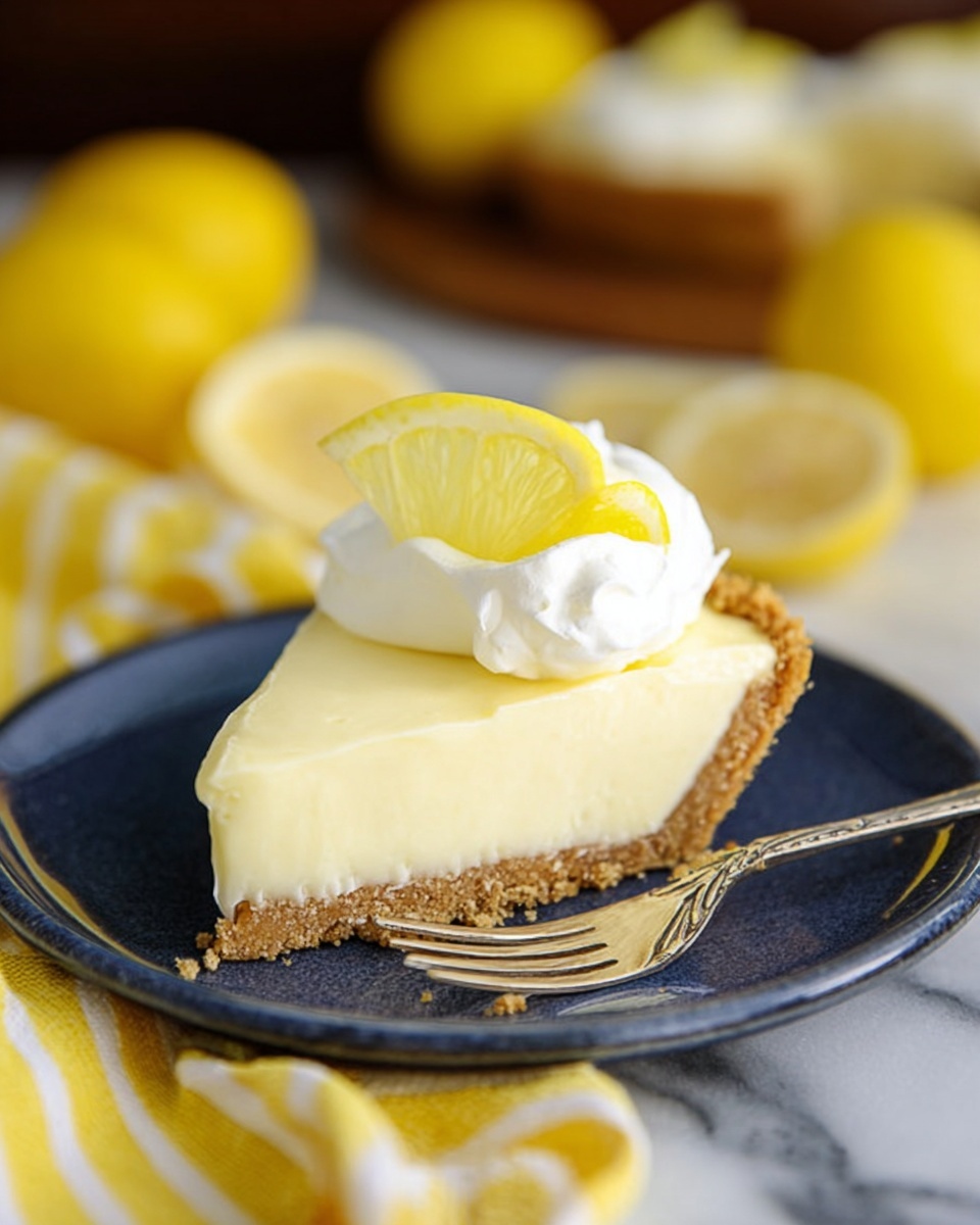 A slice of lemon pie with three layers sits on a white plate: the bottom layer is a crumbly light brown crust, the middle layer is a smooth pale yellow lemon filling, and the top is a dollop of white whipped cream crowned with a thin lemon slice. A silver fork rests beside the pie on the plate, which is placed on a white marbled surface. In the blurred background, whole lemons and a yellow striped cloth add a sunny touch. The photo taken with an iphone --ar 4:5 --v 7