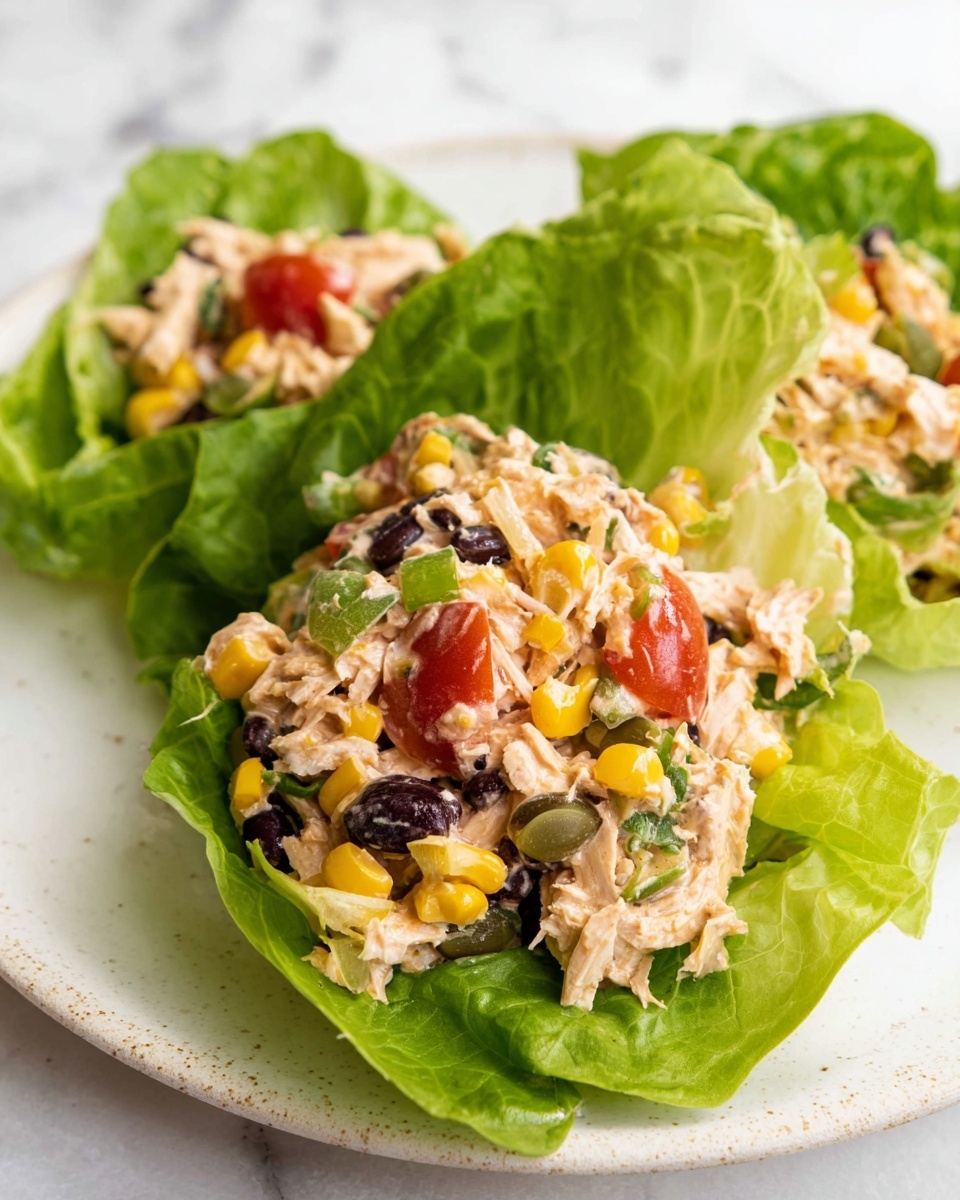 A white plate holds three large bright green lettuce leaves layered to form a cup shape. Inside the leaves, there is a creamy mixture made of shredded white chicken, bright yellow corn kernels, halved red cherry tomatoes, black beans, chopped green bell pepper pieces, small pumpkin seeds, and small bits of red onion. The chicken mixture is coated with a pale, slightly orange creamy sauce, giving a textured appearance. The plate rests on a white marbled surface. photo taken with an iphone --ar 4:5 --v 7