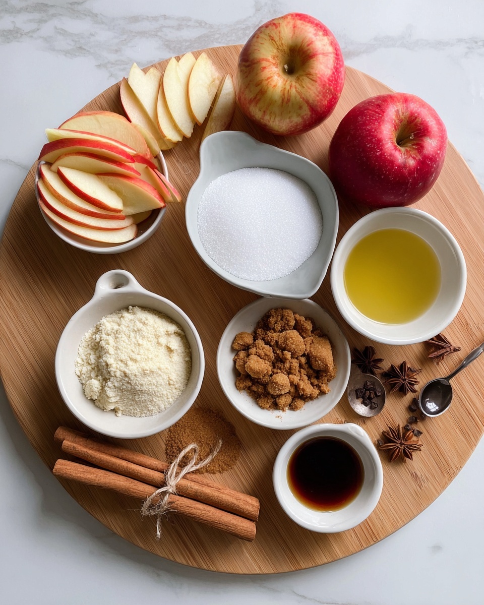 The image shows a wooden board on a white marbled surface with various ingredients carefully arranged. There are two white small bowls on the left, one holding red apple slices and another with peeled thin apple wedges. In the center is a white bowl filled with white granulated sugar, and beside it, another white bowl contains a mix of light brown sugar and white powder with a small brown pile on top. Below these is a small white bowl filled with brown sugar clumps. Two cinnamon sticks tied with twine are placed in the middle of the board, along with some whole star anise and cloves scattered nearby. At the top right, there are two small white dishes, one with a light yellow liquid and a spoon and the other with a dark brown liquid and a spoon, with a whole red apple behind them. The whole setup is well-lit and clear, photo taken with an iphone --ar 4:5 --v 7