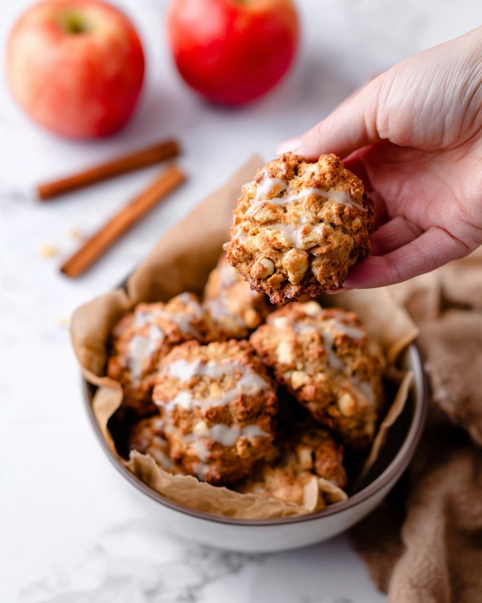 The image shows a close-up of a woman's hand holding a rough-textured golden-brown cookie with visible chunks, suggesting a crunchy outside and soft inside. Below, there is a white bowl filled with more similar cookies, each uneven in shape with light brown and tan colors, slightly glossy from a drizzle of white icing on some. The bowl is lined with light brown parchment paper. In the background, two red apples with smooth skin sit next to a cinnamon stick on a white marbled surface, creating a warm, cozy atmosphere. photo taken with an iphone --ar 4:5 --v 7