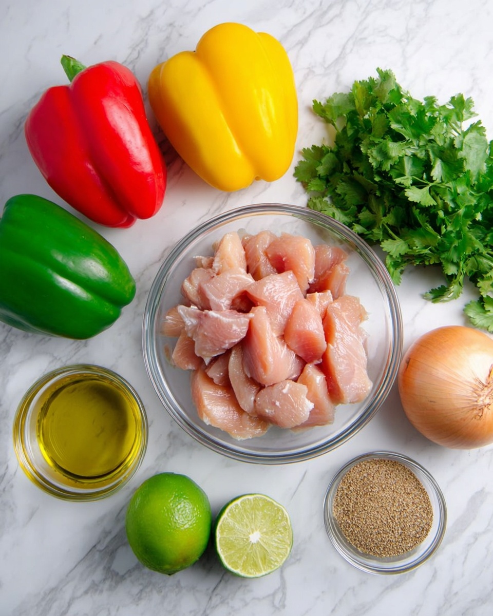 A clear glass bowl filled with light pink pieces of raw chicken sits in the center on a white marbled surface. Around the bowl are three whole bell peppers, one green, one yellow, and one red, each with a smooth, shiny texture. To the right of the bowl, there is a bunch of fresh green cilantro and a whole light brown onion with a papery skin. Below the bowl, there is a small clear glass container with golden olive oil, a bright green lime, and a clear glass bowl filled with a coarse brown spice mix. photo taken with an iphone --ar 4:5 --v 7