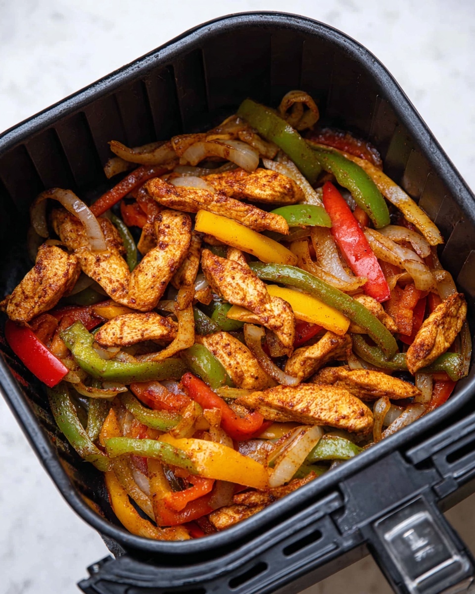 Inside a black air fryer basket sits a colorful mix of cooked strips of chicken seasoned with a reddish-brown spice, combined with sautéed slices of bell peppers in green, yellow, and red, as well as caramelized onion strips. The chicken pieces have a firm texture and a slightly charred look, while the peppers and onions show soft edges with a light shine from cooking oil. The basket’s dark walls frame this vibrant mix of warm colors and textures, all resting on a white marbled surface background photo taken with an iphone --ar 4:5 --v 7