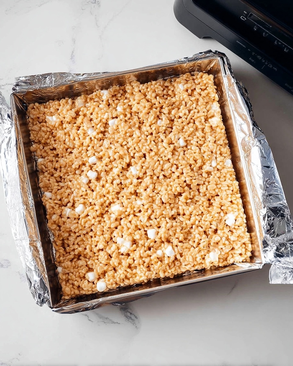 A close-up image of a square dark baking pan lined with shiny aluminum foil, filled with a single layer of light golden and white crispy puffed rice mixture tightly packed inside, resting on a white marbled surface with part of a black device visible on the right side photo taken with an iphone --ar 4:5 --v 7