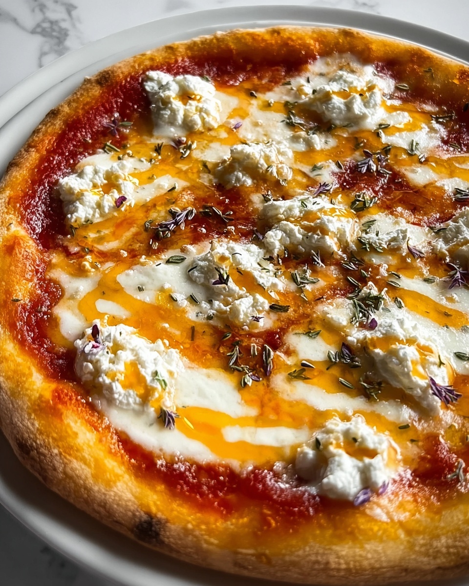A pizza with one thick golden-brown crust layer at the bottom, topped with a smooth red tomato sauce layer that peeks from under an even layer of melted white cheese. There are dollops of soft white ricotta cheese scattered across the cheese layer, along with small dried green herbs sprinkled on top. Bright orange oil is drizzled in thin lines over the whole pizza, adding a shiny texture. The pizza sits on a white plate on a white marbled surface. photo taken with an iphone --ar 4:5 --v 7