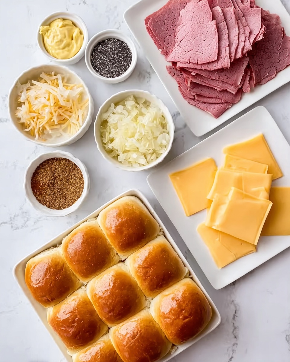 The image shows several food items arranged on a white marbled surface. There is a white plate with folded slices of pink roast beef on the top right and next to it, another white plate with several square slices of light yellow Swiss cheese stacked neatly. Below these plates, a white rectangular dish holds soft, golden-brown hamburger buns, arranged in three rows. To the left of the plates, five small white bowls are arranged in a loose cluster; each bowl contains different ingredients, including a creamy yellow spread, small black poppy seeds, light brown dried onions, shredded pale yellow sauerkraut, and brown ground spices. The colors of the food and the clean white dishes contrast with the textured white marble surface beneath. photo taken with an iphone --ar 4:5 --v 7