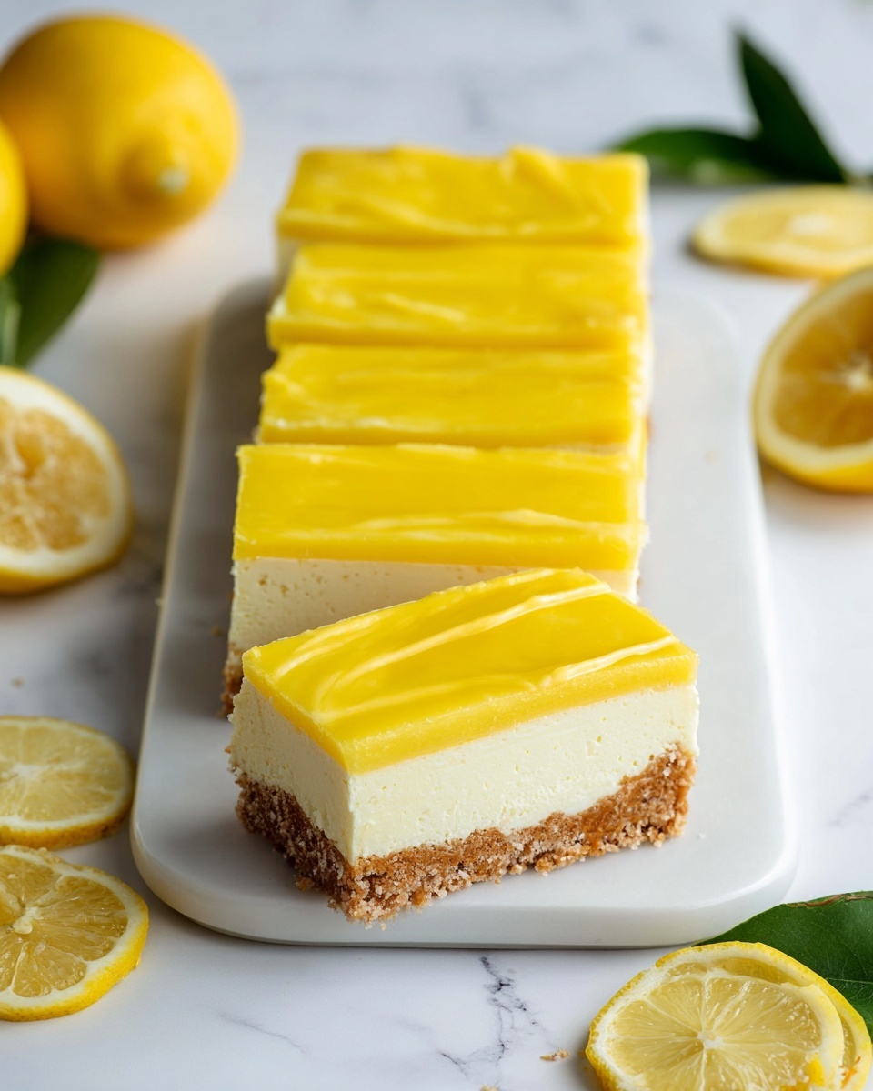 The image shows a rectangular lemon dessert cut into seven long slices, arranged in a row on a white rectangular plate placed on a white marbled surface. The dessert has three main layers: a smooth, glossy bright yellow lemon topping as the top layer, a thick light cream middle layer with a soft texture, and a crumbly light brown crust base. Each slice shows the clean separation of these three layers. Around the plate are fresh lemon fruits, lemon slices, and green leaves for decoration. Photo taken with an iphone --ar 4:5 --v 7