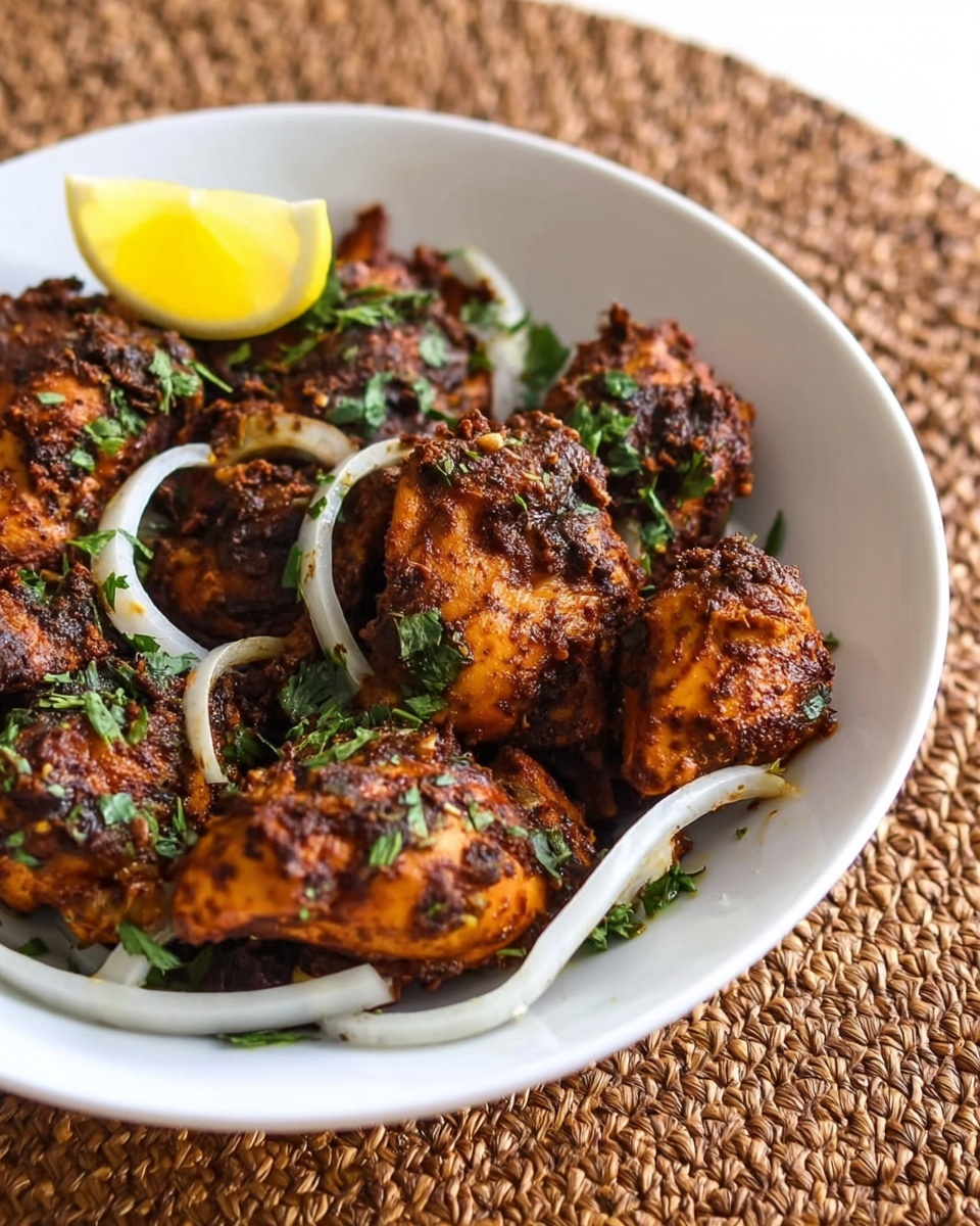 The image shows a pile of reddish-brown spicy fried chicken pieces on a bright green banana leaf. The chicken looks crispy and coated with thick spices, with some charred spots visible. Fresh green cilantro leaves are scattered on top and around the chicken for garnish. The banana leaf rests on a dark round plate, which is placed on a wooden surface. In the background, blurred elements include a white marbled texture and a small bowl with orange sauce. Photo taken with an iphone --ar 4:5 --v 7