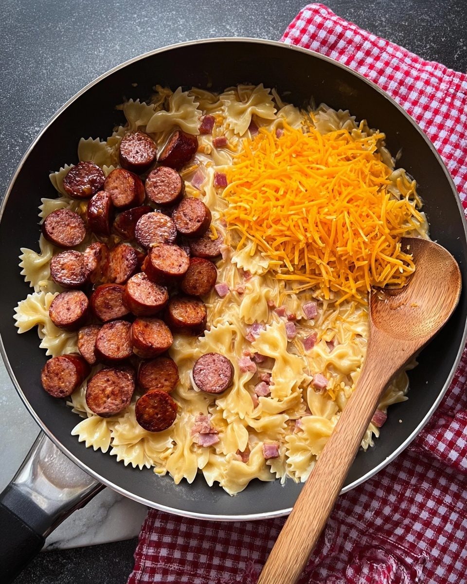 The image shows a black pan filled with three main layers of food. The bottom layer has creamy yellow bowtie pasta mixed with tiny pink bits, likely ham or bacon, giving a soft and slightly textured look. On the left side above the pasta, there is a pile of thinly sliced, browned sausage pieces showing a glossy and slightly crispy surface. On the right side above the pasta, there is a mound of shredded bright orange cheddar cheese with fine strands. The pan handle is black and curves to the right, with a wooden spoon resting on a white marbled surface next to a red and white checkered cloth. Photo taken with an iphone --ar 4:5 --v 7