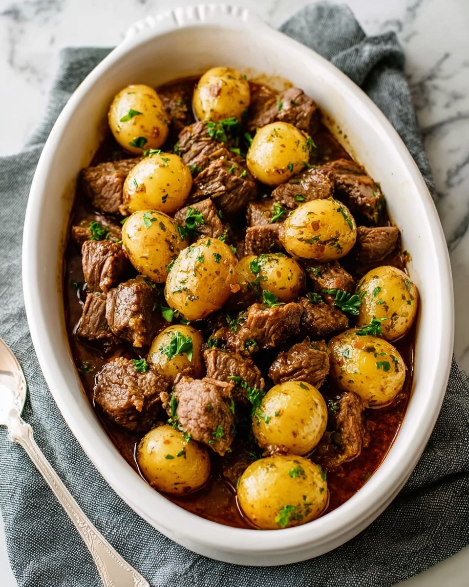 A white oval dish filled with a hearty stew that has two main layers mixed together: medium brown cooked beef cubes with a slightly rough texture and golden small whole potatoes covered in herbs. The beef and potatoes are scattered evenly throughout the dish, resting in a thin dark brown sauce at the bottom. Small green herb pieces are sprinkled over the dish for a fresh touch. The dish is placed on a white marbled surface with a gray cloth underneath, and a silver spoon is visible next to it. Photo taken with an iphone --ar 4:5 --v 7