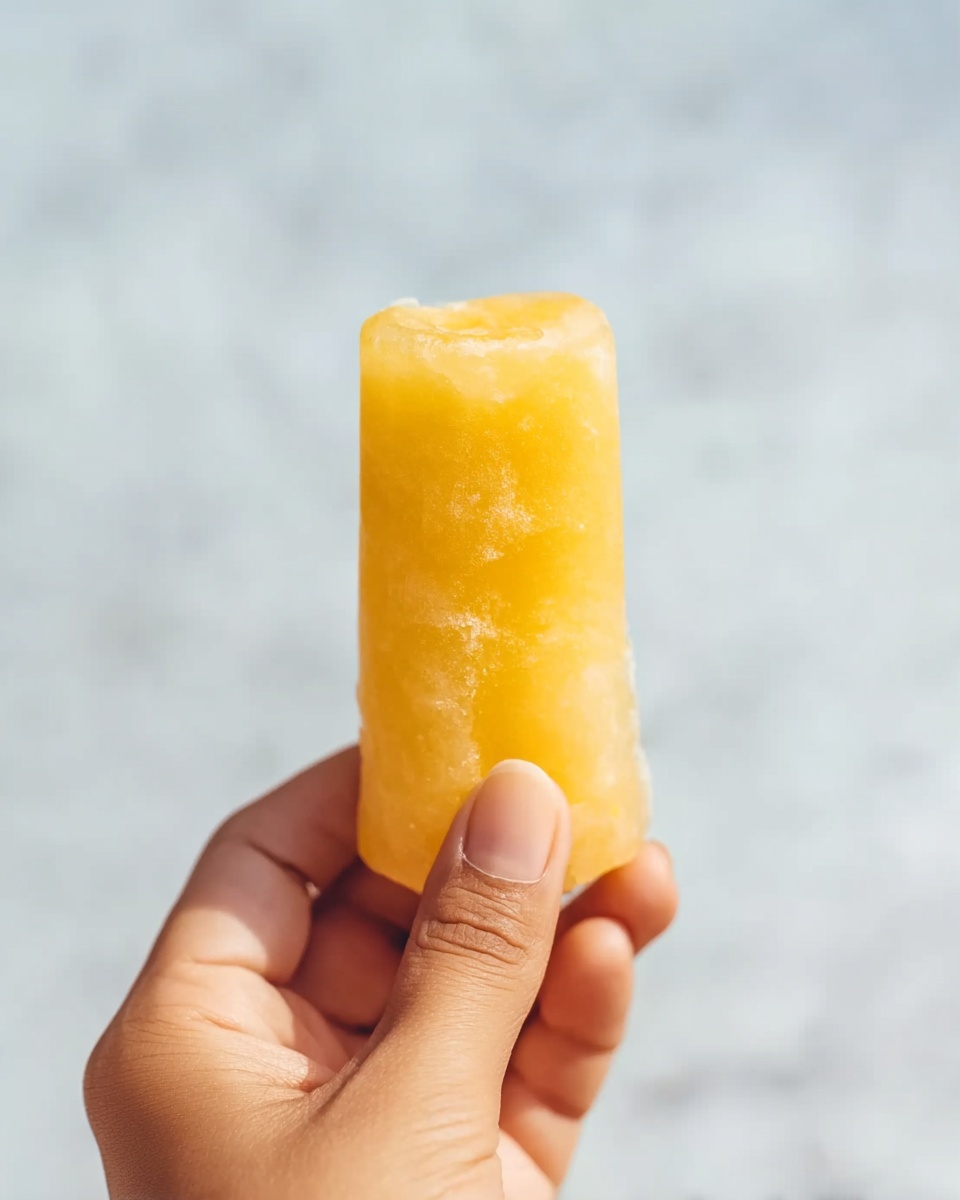 A close-up image of a woman's hand holding a small yellow popsicle. The popsicle is smooth and slightly melting, with light shining through its translucent surface. The pale background is softly blurred. The woman's fingers gently grasp the popsicle from the bottom and side, showing natural skin texture. The setting has a white marbled surface faintly visible below. photo taken with an iphone --ar 4:5 --v 7