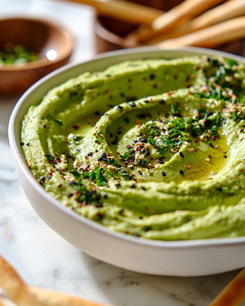A close-up view of a white bowl filled with bright green, smooth hummus that has swirled peaks and valleys on the surface. The hummus is topped with small chopped green herbs, black and white sesame seeds, and tiny flecks of red spices, creating a textured garnish. There is a small pool of shiny olive oil collected in the central swirl. In the soft-focus background, there is a white marbled surface and blurred wooden bowls with light brown toasted bread sticks. The lighting is natural and bright, highlighting the creamy texture and fresh toppings photo taken with an iphone --ar 4:5 --v 7