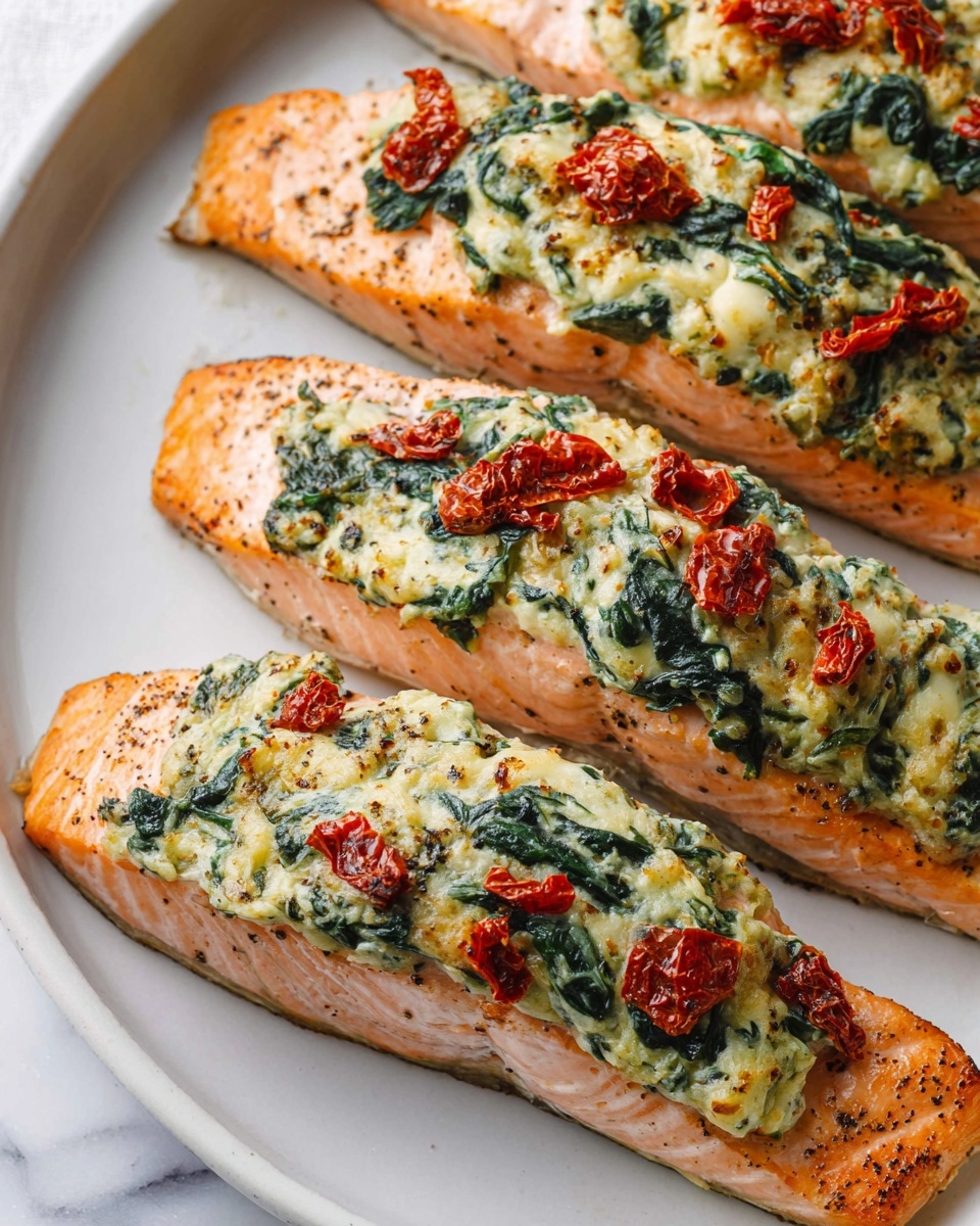 The image shows four salmon fillets arranged neatly on a white plate with a white marbled background. Each fillet is topped with a thick layer of creamy filling mixed with vibrant green leafy spinach and scattered pieces of bright red sun-dried tomatoes. The salmon’s pink-orange skin has a moist, slightly crisp texture, and it is speckled with black pepper. The creamy topping has a slightly browned, baked surface that contrasts with the soft flesh of the salmon beneath. Photo taken with an iphone --ar 4:5 --v 7