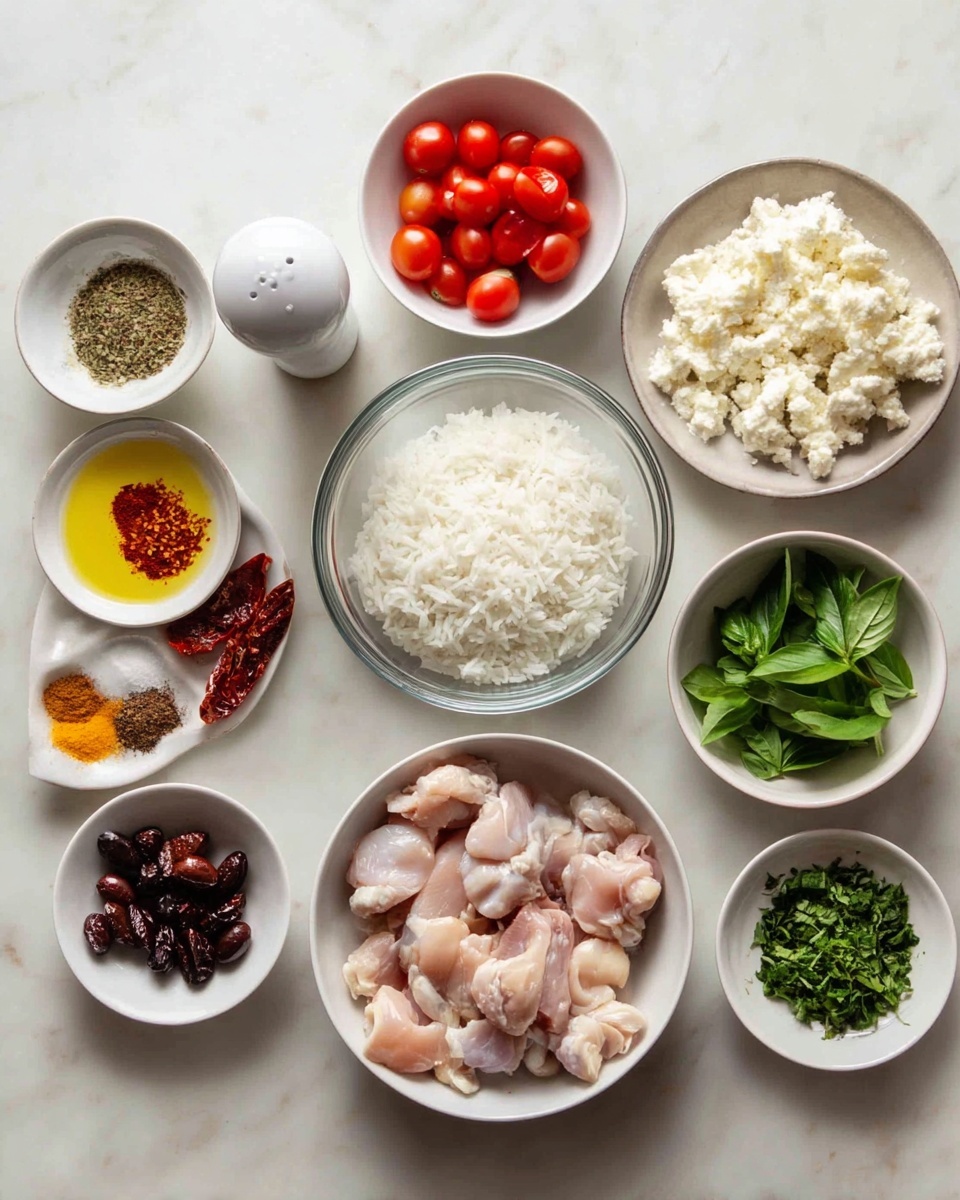 The image shows a white marbled surface with several white bowls arranged in a loose circle. In the center is a glass bowl filled with white cooked rice. Around it, clockwise from top left, is a bowl with halved red cherry tomatoes, a tall white salt shaker, a bowl of fresh green basil leaves, and a small white bowl containing a few spices in yellow, orange, white, and green colors. Next to this is a large bowl filled with uncooked raw chicken pieces showing pale pink and white tones. Below this, a small bowl holds dark brown olives and nuts. To the left is a small bowl with dark sun-dried tomatoes, next to it a white plate with mixed dried herbs and spices in red, beige, and green. Above that is a plate filled with crumbled white cheese. Finally, another small white plate with finely chopped green herbs completes the setup. photo taken with an iphone --ar 4:5 --v 7