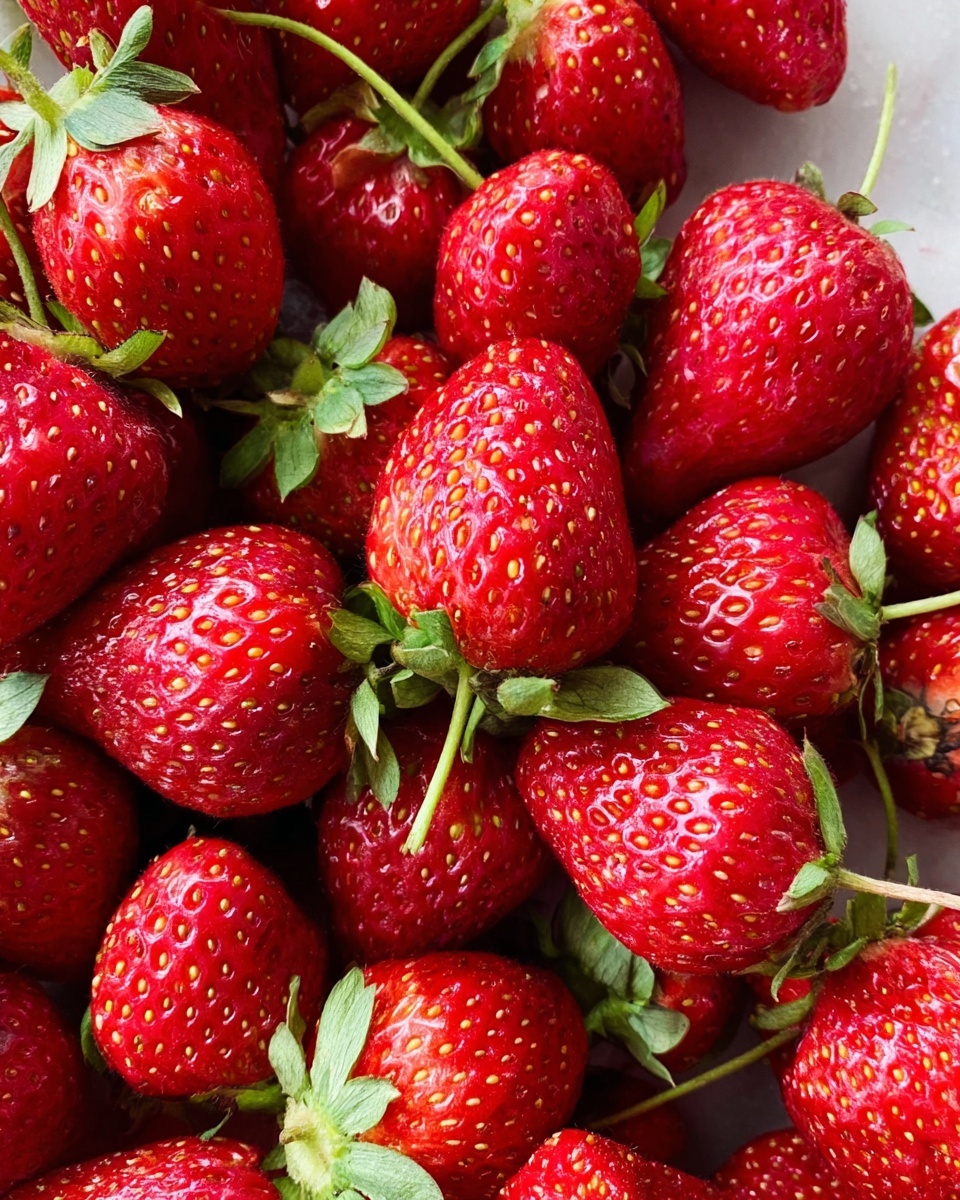 The image shows a close-up view of many fresh strawberries piled together. The strawberries are bright red with tiny yellow seeds on their surface and green leafy tops attached to most of them. Some strawberries have small green stems still connected. The texture looks shiny and smooth, with a few showing slight dimples and natural fruit bumps. They are placed on a white marbled surface that highlights their vibrant color. Photo taken with an iphone --ar 4:5 --v 7