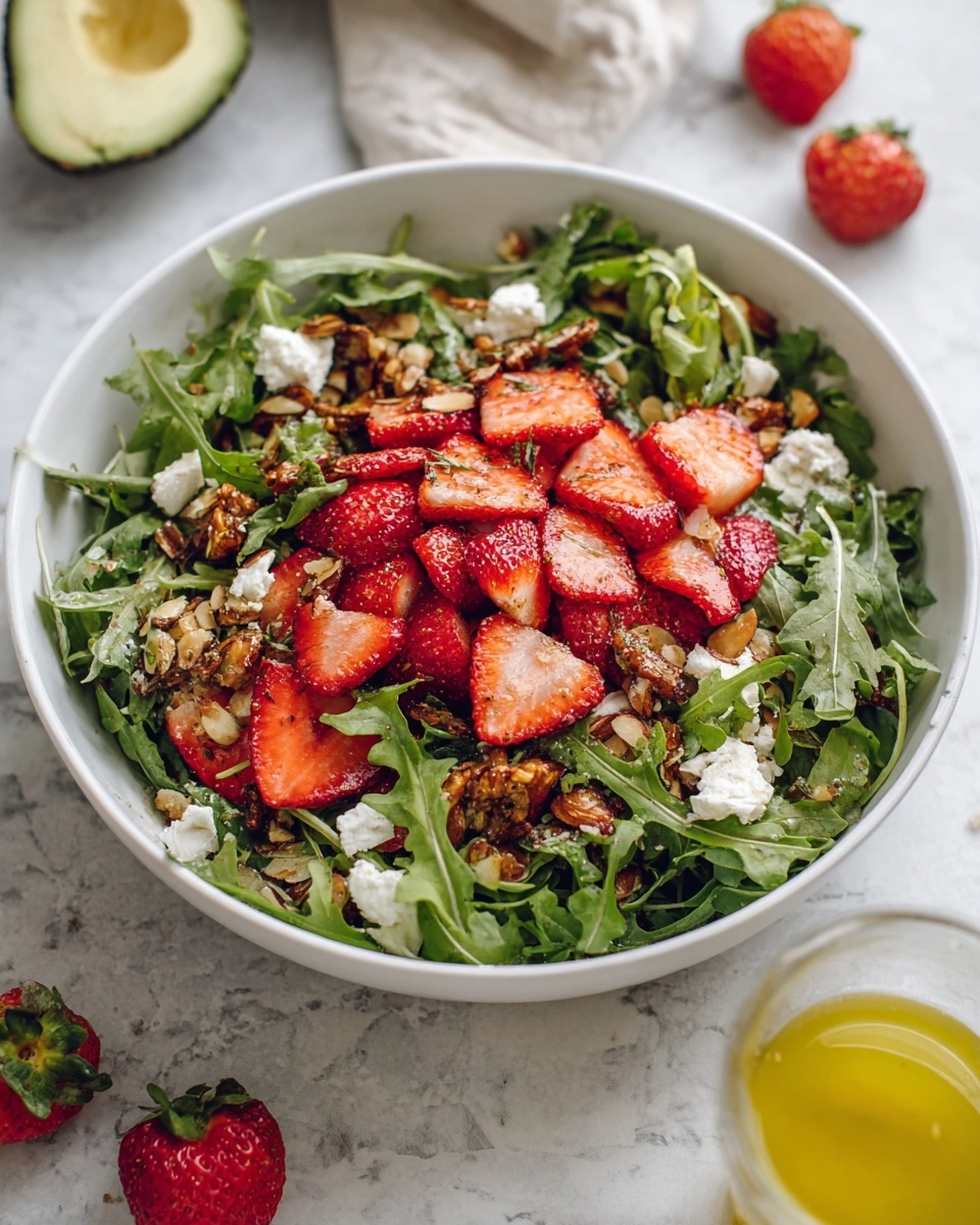 A white bowl filled with a fresh salad made of three main layers: the bottom layer is green arugula leaves with jagged edges, the middle layer has bright red sliced strawberries evenly spread, and the top layer shows crunchy brown toasted almond slices sprinkled all over. Small white dollops of soft cheese are visible throughout, adding texture contrast. The bowl sits on a white marbled surface with some strawberry halves and an avocado half placed nearby. A glass container with yellow dressing is partially visible in the bottom right corner. Photo taken with an iphone --ar 4:5 --v 7