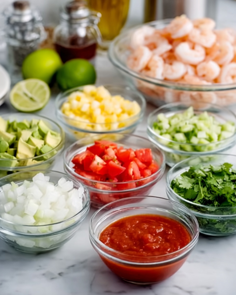 The image shows small glass bowls arranged on a white marbled surface, each filled with different colorful ingredients. There are chopped red tomatoes, diced white onions, small green avocado cubes, chopped green cilantro, pale yellow diced mango, lime wedges, cooked pink shrimp, and a red sauce, likely ketchup or cocktail sauce. The bowls are neatly ordered in layers, with the shrimp in a larger bowl near the back and the smaller bowls containing vegetables and garnishes in front. The scene is bright and fresh, with some additional kitchen items blurred in the background. photo taken with an iphone --ar 4:5 --v 7
