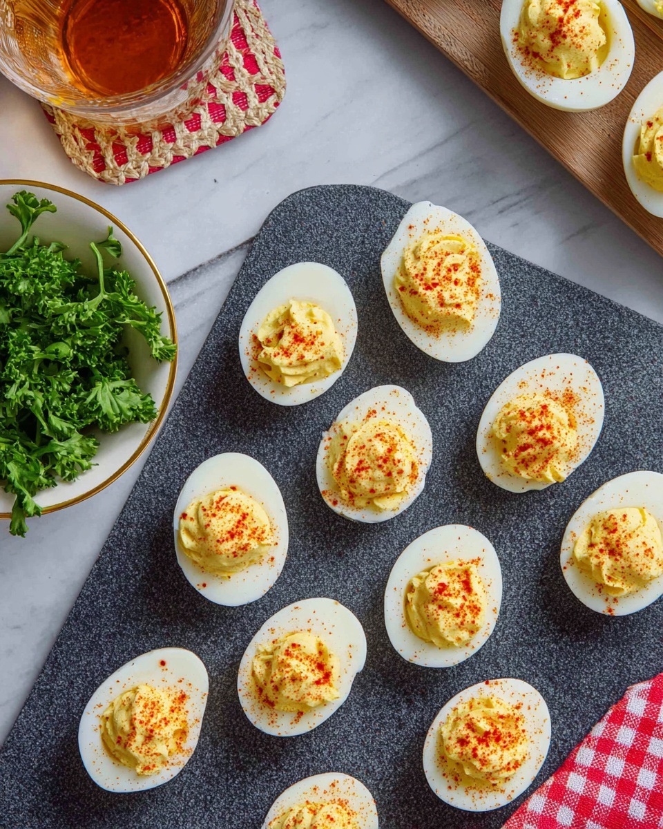 Multiple halved boiled eggs are placed on a dark textured surface, each with a smooth white egg white layer forming the base and a creamy, yellow filling made of mashed yolk in the center, topped with a light dusting of bright orange-red paprika powder. To the bottom left, a white bowl with a gold rim holds fresh green curly parsley, while the top left corner shows a clear glass of amber-colored drink on a checkered coaster, and the upper right corner has a wooden cutting board with more eggs. The scene is on a white marbled textured surface with a red and white checkered cloth edge visible on the bottom right corner. Photo taken with an iphone --ar 4:5 --v 7