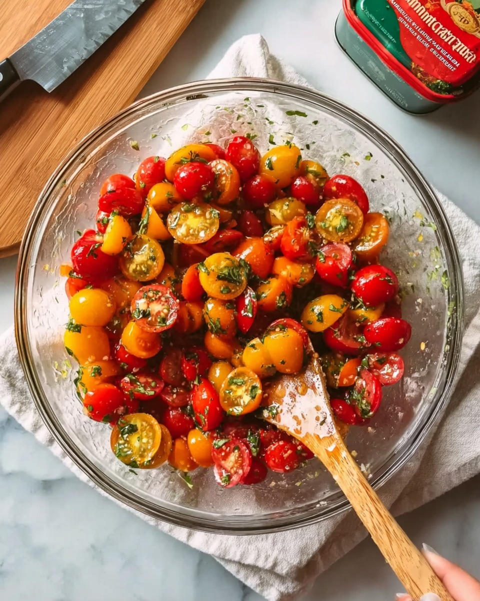 A clear glass bowl filled with a colorful mix of red, yellow, and orange cherry tomatoes cut in halves, mixed with green herbs and seasoning. The tomatoes look fresh and shiny, with a wooden spoon resting inside the bowl on the right side. The bowl sits on a white cloth napkin over a white marbled surface. A woman's hand holding the bowl's edge is visible in the top left corner, along with a wooden-handled knife placed on the cloth. A red and green tin container is blurred in the background on the right side. Photo taken with an iphone --ar 4:5 --v 7