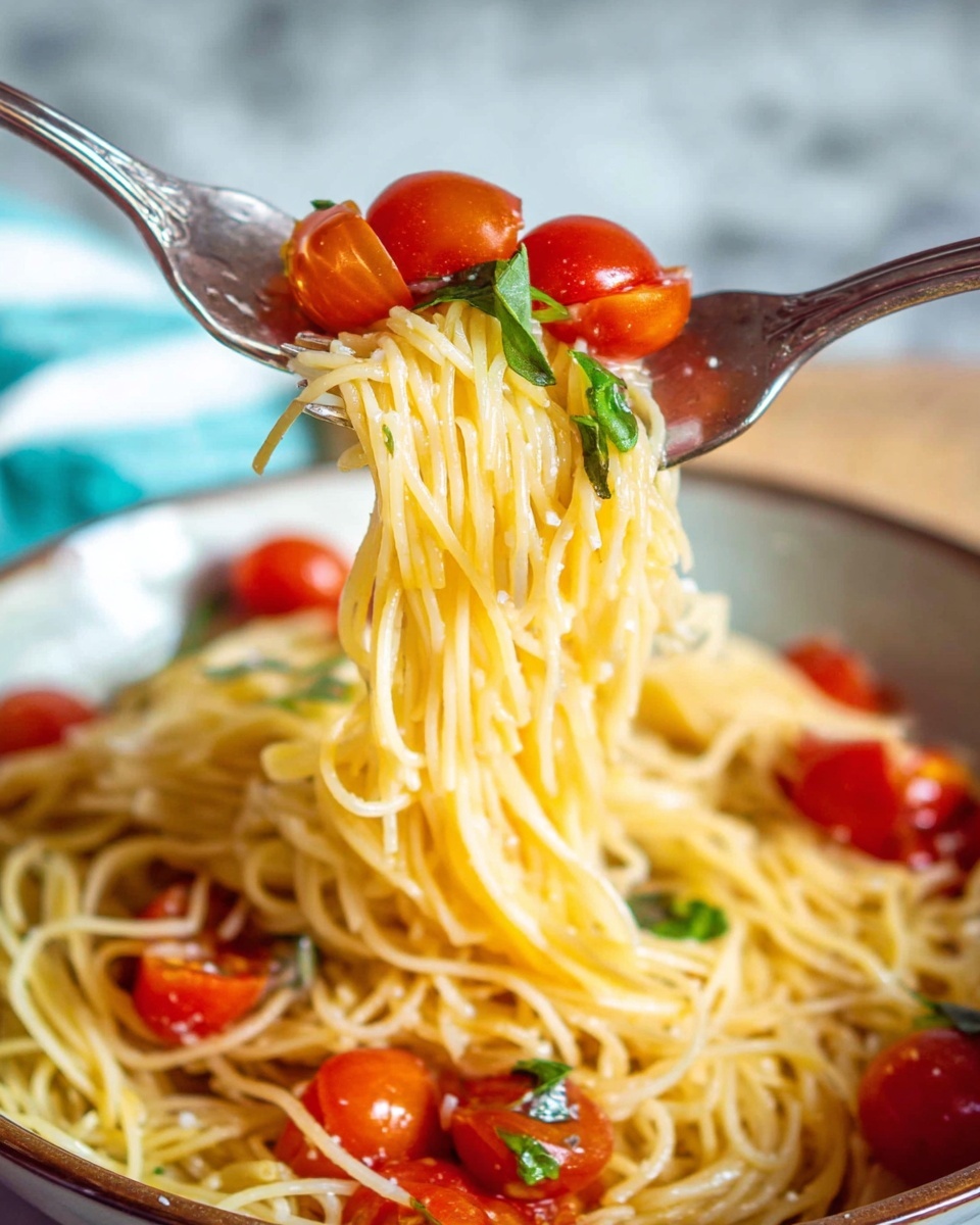 The image shows a woman’s hand holding two silver forks lifting a bunch of thin yellow spaghetti noodles mixed with bright red cherry tomato halves and small green basil leaves from a deep brown bowl. The spaghetti is tangled and slightly shiny, with some strands hanging down. The cherry tomatoes add a fresh pop of color, and small white cheese shreds are scattered over the noodles and tomatoes. The background has a soft blue tone, and the bowl rests on a white marbled surface. photo taken with an iphone --ar 4:5 --v 7