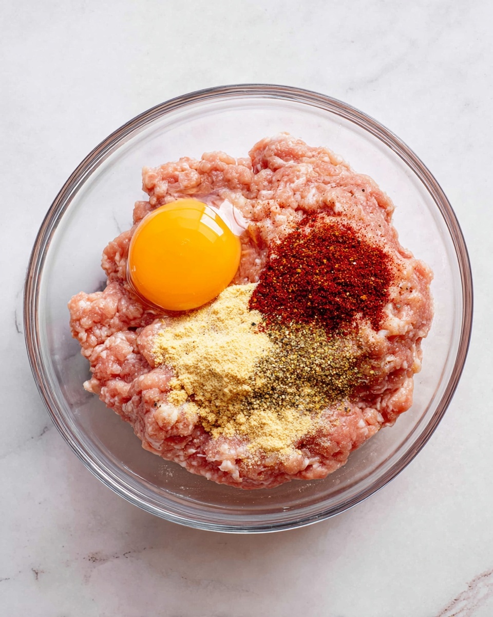 A clear glass bowl sits on a white marbled surface, filled with light pink ground meat forming the base layer. On top, there is a bright orange raw egg yolk with the transparent egg white surrounding it on the left side. Next to the egg, there are several powdered spices layered in the center, including a deep red spice, light yellow powder, and specks of black pepper, creating a colorful contrast against the pale meat. The textures vary from smooth and slightly chunky meat to fine, dry powders stacked in small mounds. Photo taken with an iphone --ar 4:5 --v 7